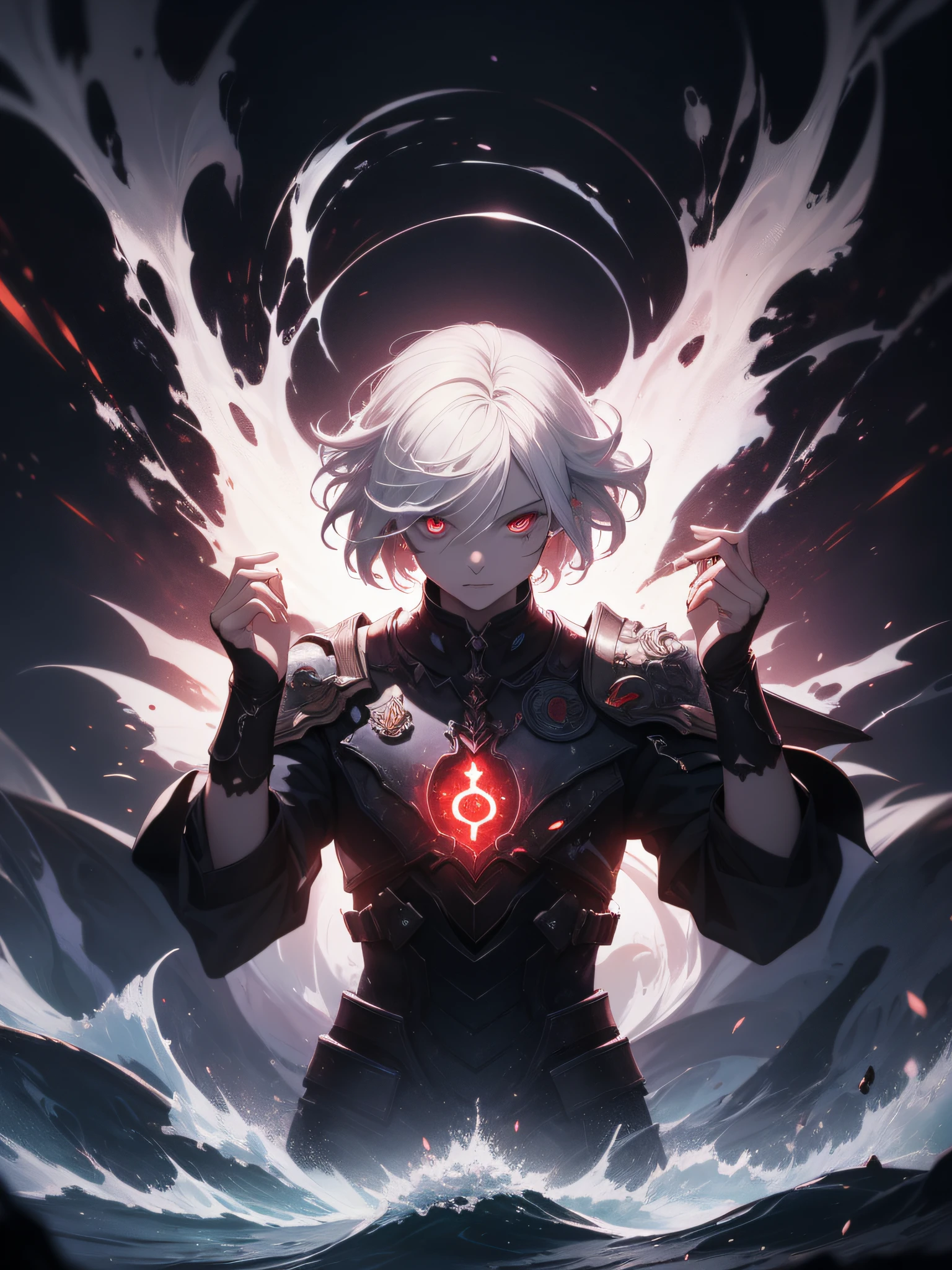 a painting that represents the essence of magic in your world, showing the white-haired, red-eyed protagonist with a mystical black mark on his neck immersed in a cascade of magical energy, with glowing particles dancing around him and arcane symbols forming in the air, masterpiece, best quality, ultra-detailed, illustration, 8k resolution concept art, fantasy art, epic art, concept art wallpaper 4k, deep color, natural lighting