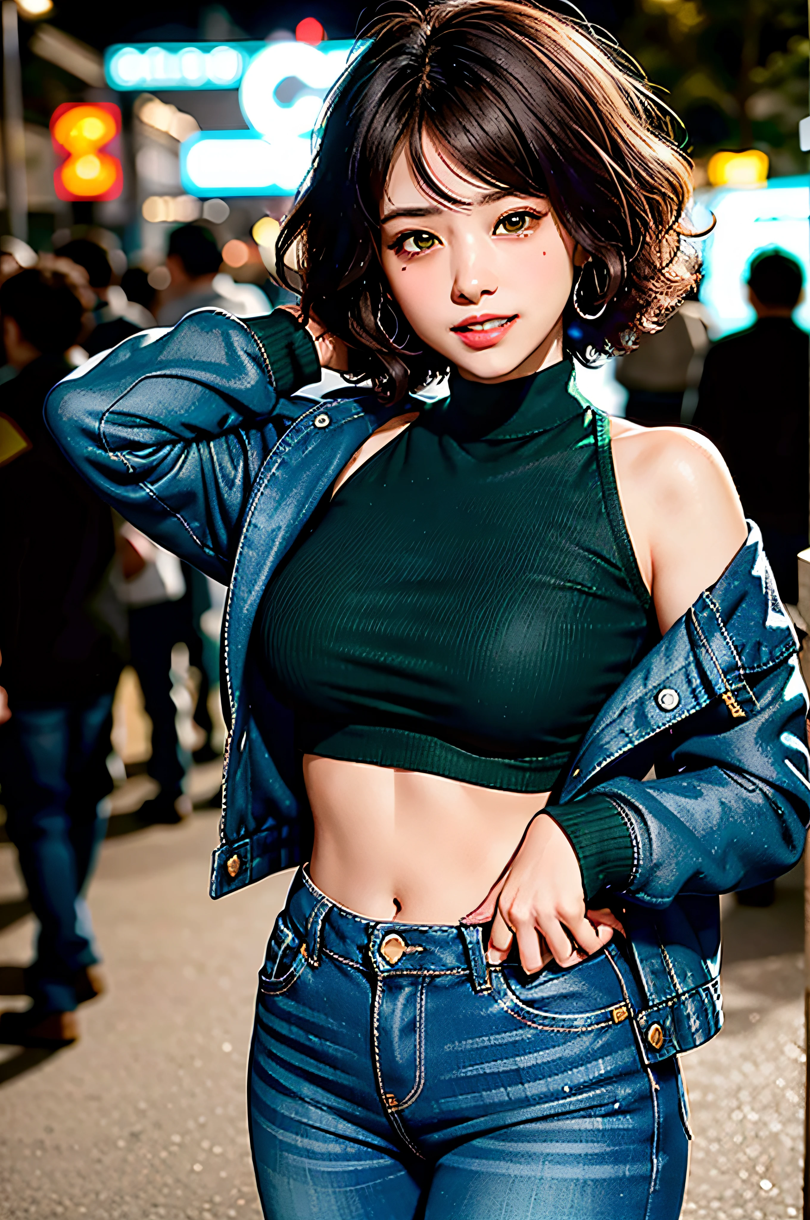 masterpiece, best quality, a dark skinned black woman wearing a detailed green turtle neck sweater with a intricate black cruiser jacket with blue jeans at a street party at night, asymmetrical afro haircut, jacket off one shoulders, midriff, smile, teeth, insane ultra hires, extreme intricate details, tooth gap, round ass
HDR, natural lighting, volumetric shading, dynamic pose, Hyperrealistic, realistic lighting, dramatic shadows, hard focus, high contrast, dramatic perspective
dramatic shadows,