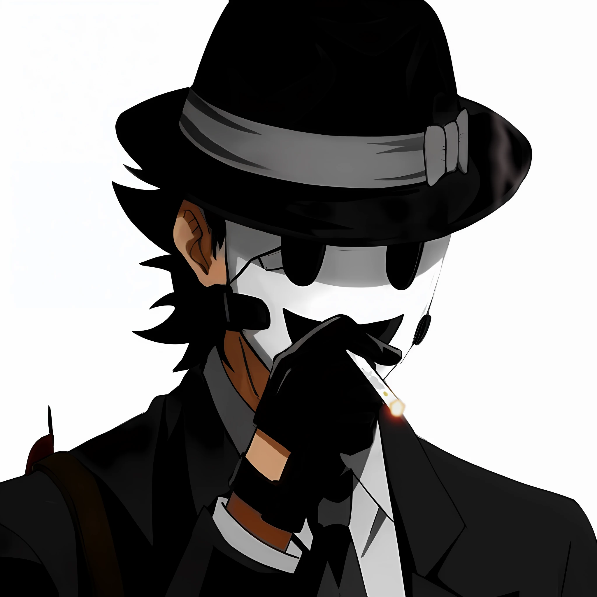 a close up of a person wearing a mask and a hat, (fumes), inspired by Uragami Gyokudō, inspirado em Sadamichi Hirasawa, domino mask, inspired by Kawabata Ryūshi, Rorschach, Detetive ???? e um Fedora, mafioso, gangster, gendo ikari smoking a joint