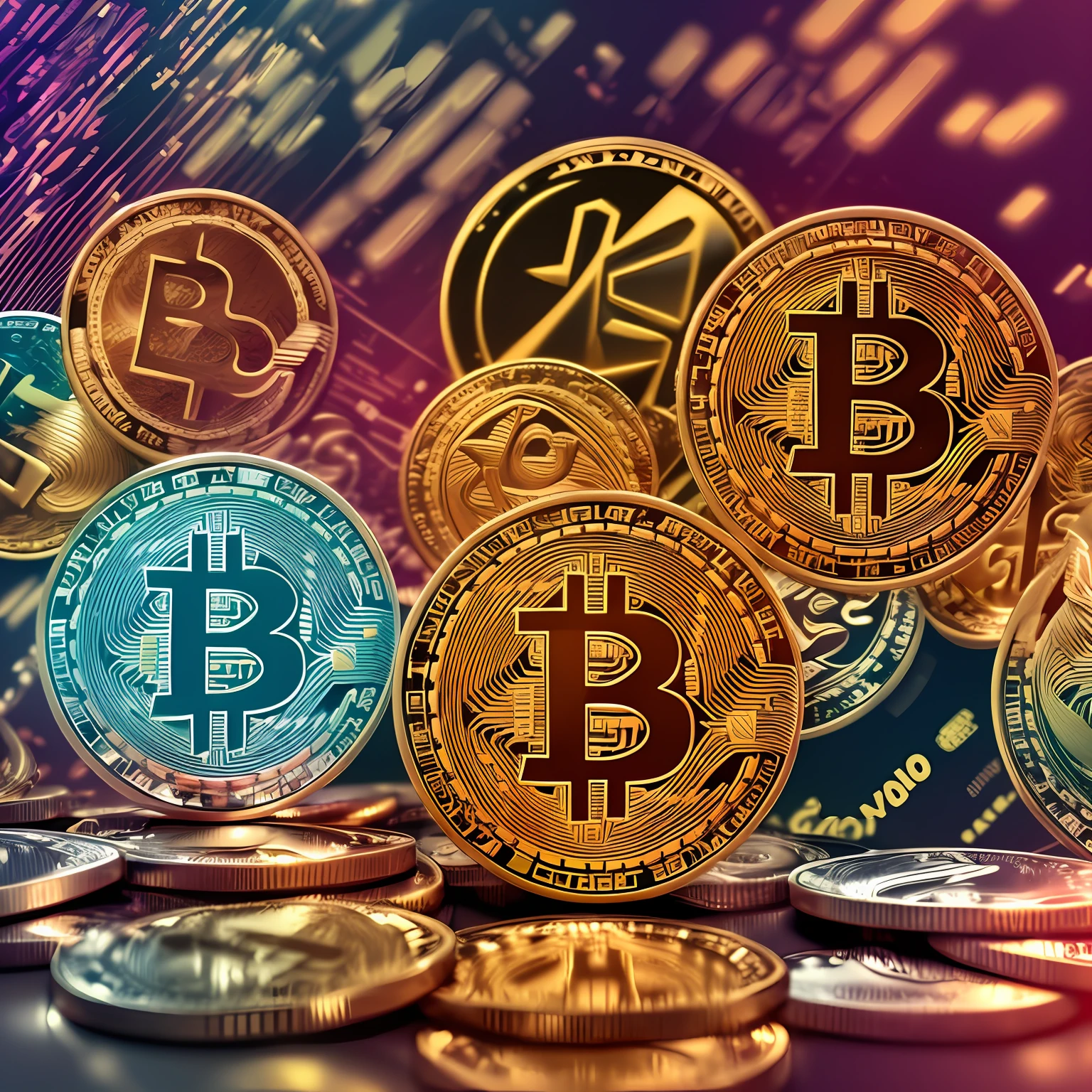 People transacting with cryptocurrencies in a stylized scene, scenic view, cores vibrantes, com destaque para a moeda e o dispositivo usado, em um fundo com elementos abstratos. --auto