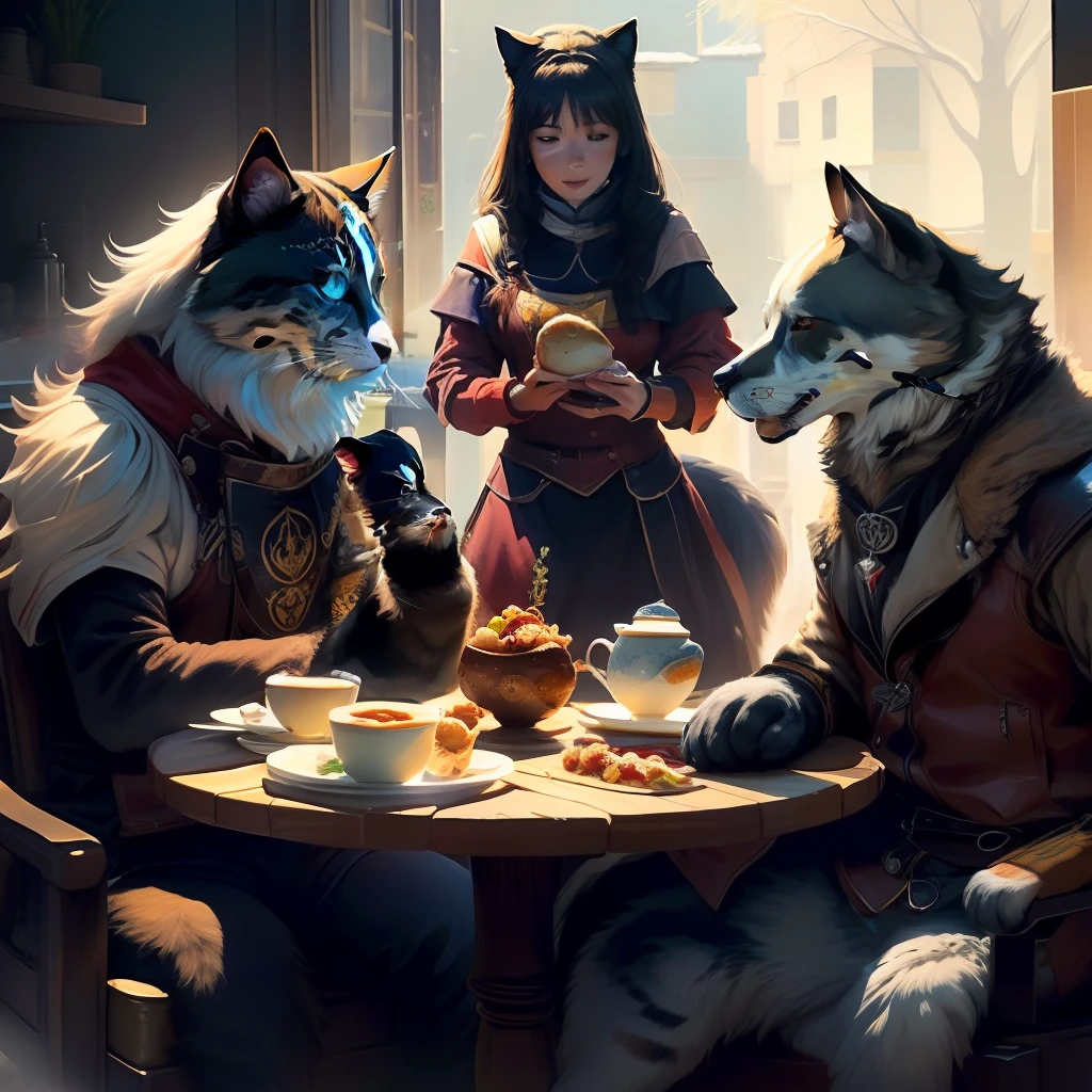 Imagen de familia en la mesa comiendo huevos y legumbres en diferentes presentaciones y las mascotas comiendo master dog y master cat