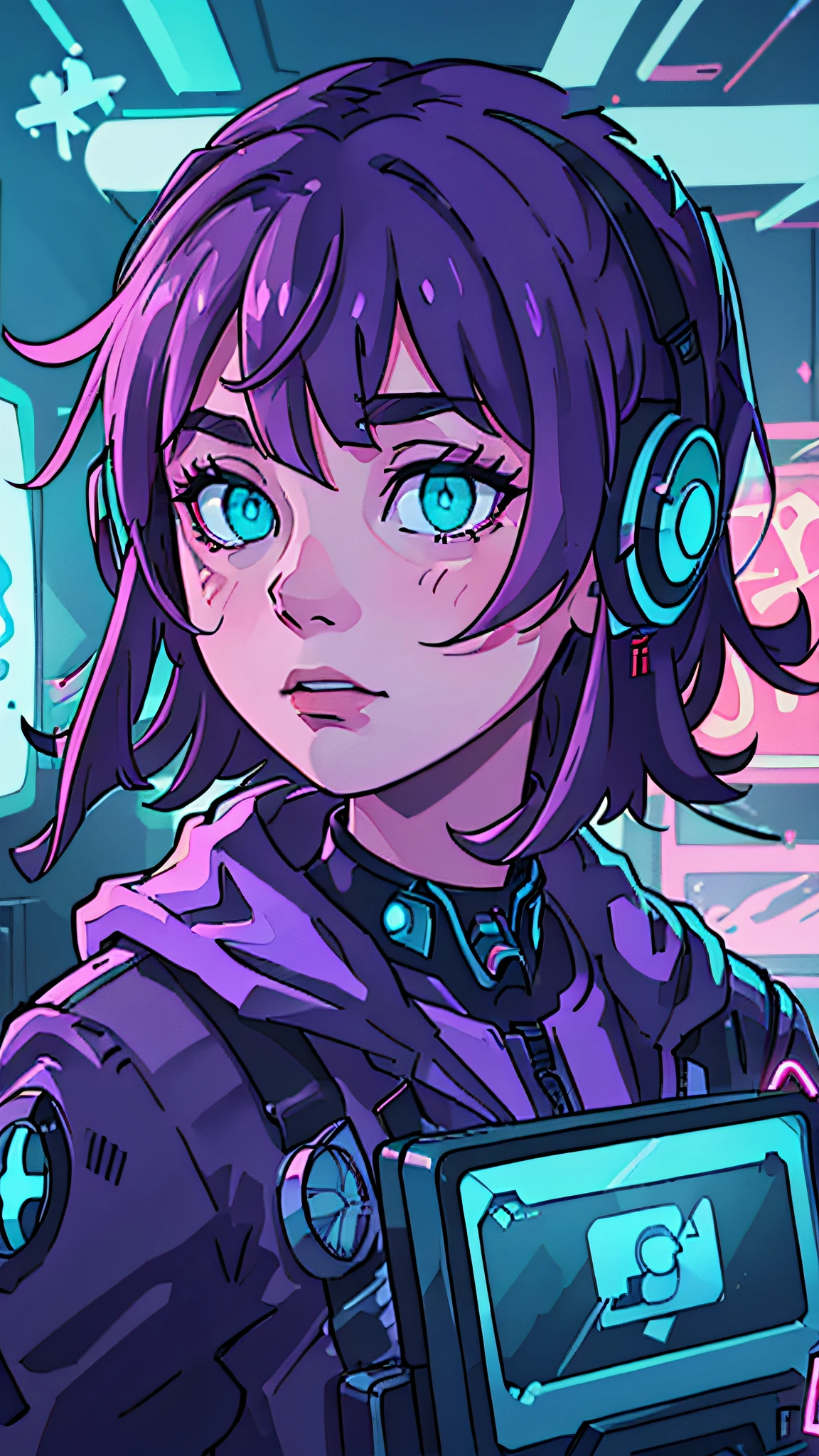 ((Best quality)), ((masterpiece)), (highly detailed: 1.3), 3D, NeonNoir, cyberpunk, (using the head mounted display that is thick and hi-tech: 1.2), using a cover, hacking a computer terminal, PURPLE NEON MONITOR LIGHT, GREEN NEON SIGNS ON THE WALL,