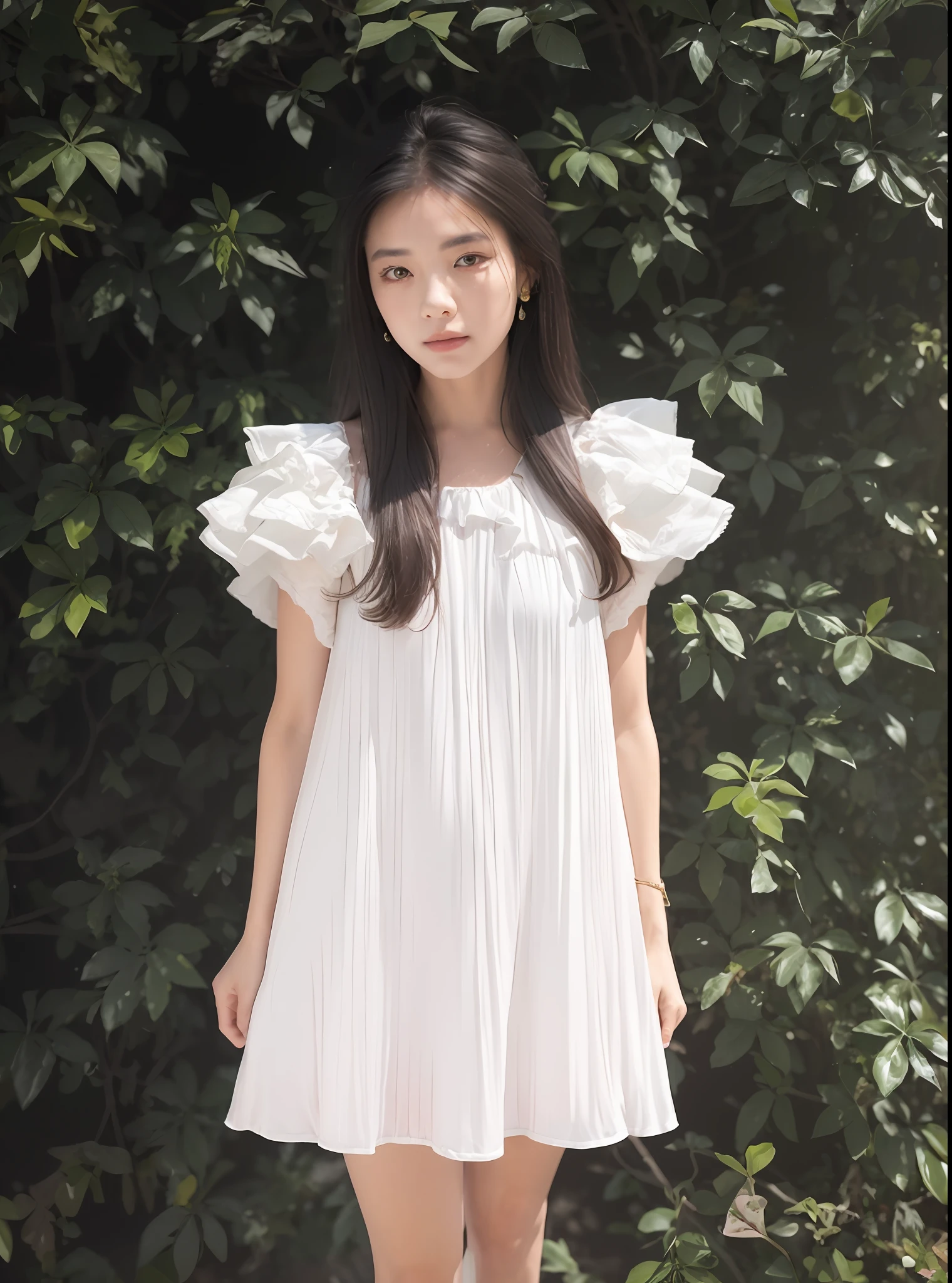 a close up of a woman in a white dress standing in front of a bush, frill, rococo ruffles dress, wearing along white dress, wearing a white flowing dress, wearing a cute white dress, nico wearing a white dress, Wearing a dressing gown, xintong chen, gongbi, White dress, wenfei ye, Wearing a white dress