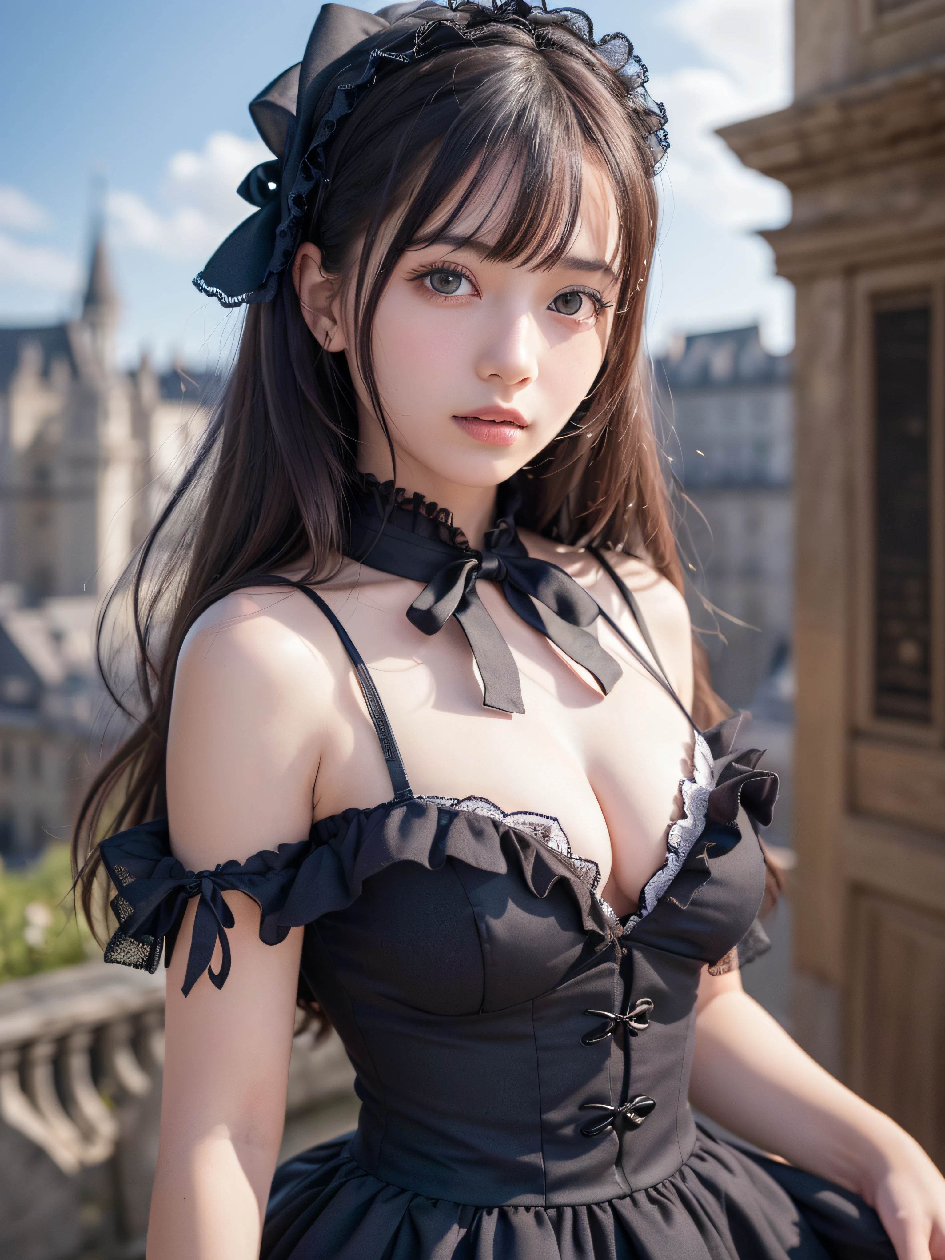 (realistic, photo-realistic:1.37), incredibly absurdres, (insanely detailed:1.3), 8k, (masterpiece), (best quality:1.4), (ultra high res:1.2), (RAW photo:1.2), ultra detailed background, (unity 8k wallpaper), 1 nogizaka girl, utterly cute, bishojo, (15yo), (gothic lolita frilled dress), (delicate detailed beautiful frilled dress), (an exquisitely detailed and beautiful face and eyes and skin), (elegant frills), (frilled tie), (ribbon tie), (hair accessory with blue rose), medium breasts, cleavage, open chest, (detailed black shine hair), (smile at the camera), cowboy shot, castles scenery in europe, professional lighting