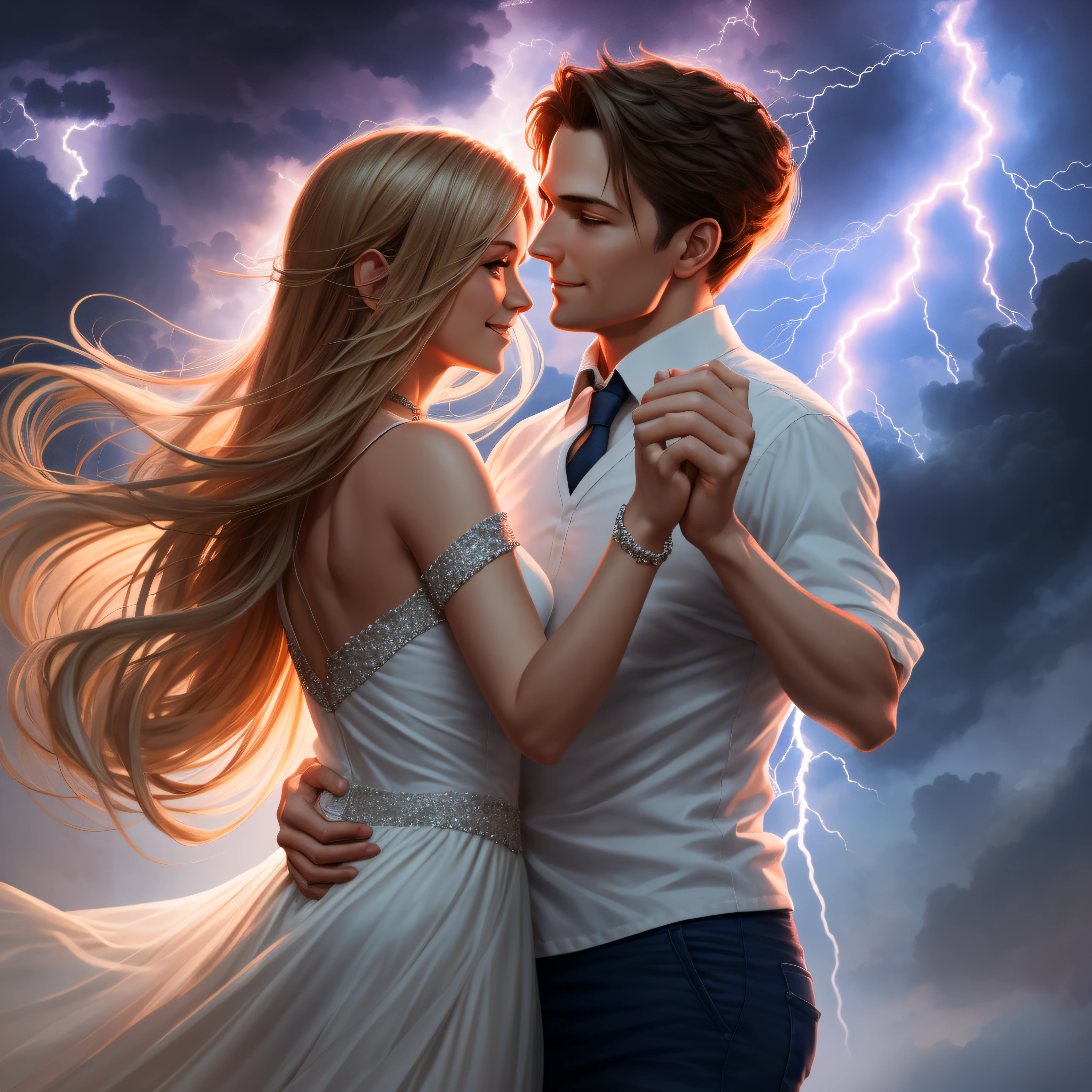 Couple dancing in a lightning storm, soft lighting, concept art