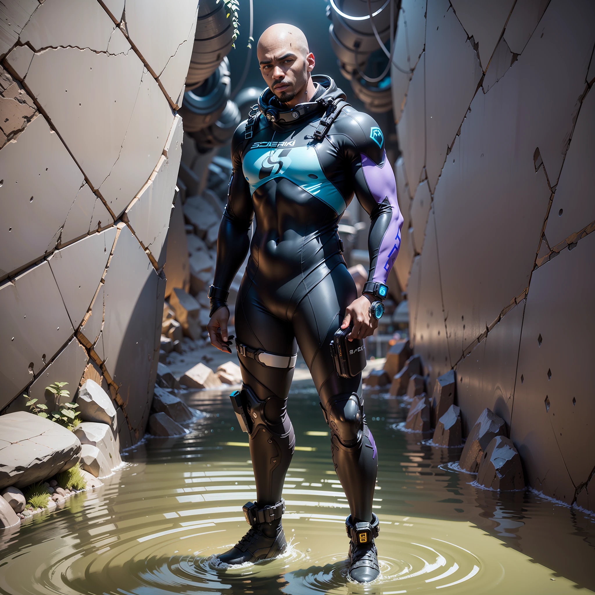 arafed 21 year old black man in a (((purple and black scifi wetsuit))) standing in ((blue water and in front of a sci fi wall)), dark skin bald head goatee and menacing look, watchdogs, high quality fingers, normal hands, detailed fingers, ((Best quality)), ((masterpiece)), (highly detailed:1.3),((full body shot, standing, leaning against wall)), 3D,HDR (High Dynamic Range), Ray Tracing, NVIDIA RTX, Super Resolution, Unreal 5, Subsurface Scattering, PBR Texturing, Post Processing, Anisotropic Filtering, Depth of Field, Maximum Clarity and Clarity, Multilayer Textures, Albedo and Specular map, Surface shading, accurate simulation of light-material interaction, perfect proportion, Octane Render, two-tone lighting, large aperture, low ISO, white balance, rule of thirds, 8K RAW, efficient sub-pixel, sub-pixel convolution, , --auto --s2