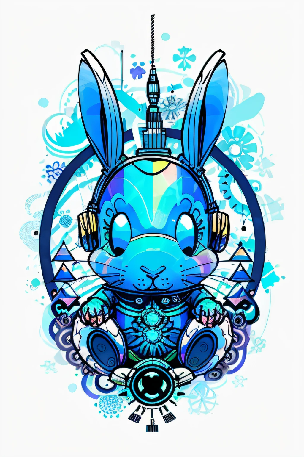 no estilo de 0mib, Adorable rabbit listening to music, fone de ouvido, Prismatic fragments, reflecting fractal circles, respingos de tinta, pinceladas derretendo, Particle vortex, lighting dramatic, alta qualidade, majo, obra-prima