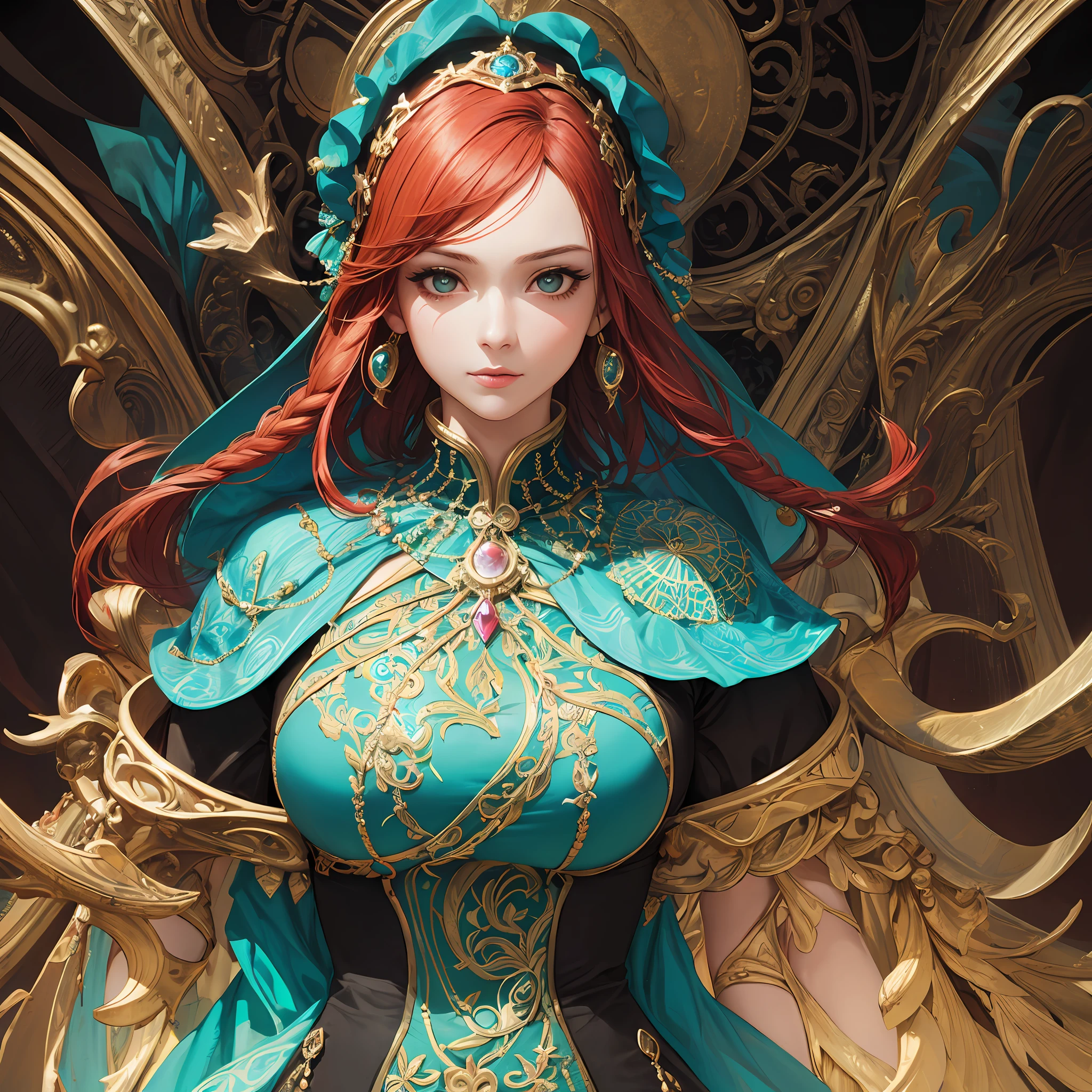 Realistic, (masterpiece, superior quality, best quality, official artwork, beauty & aesthetics: 1.2), very detailed, fractal art, colorful, more detailed, zentangle, (abstract background: 1.5) (1girl), fantastic dress, fabulous fabric, redhead, braids, (bright green eyes), abdomen, mysterious, (magic), crystal jacket, black pants, ToonYou style, Break Domain style, 8k --auto