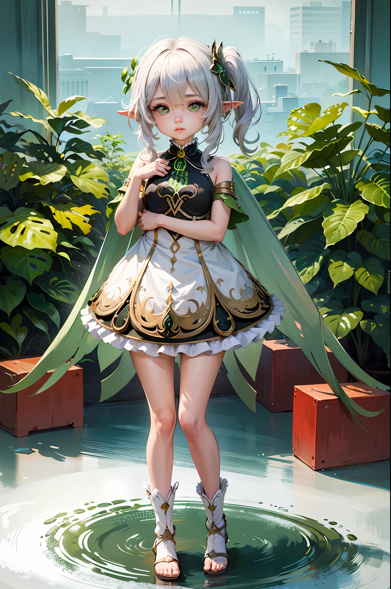 masterpiece, best quality, 1girl, solo, nahida_genshin, cross-shaped pupils, default_dress, green cape, standing