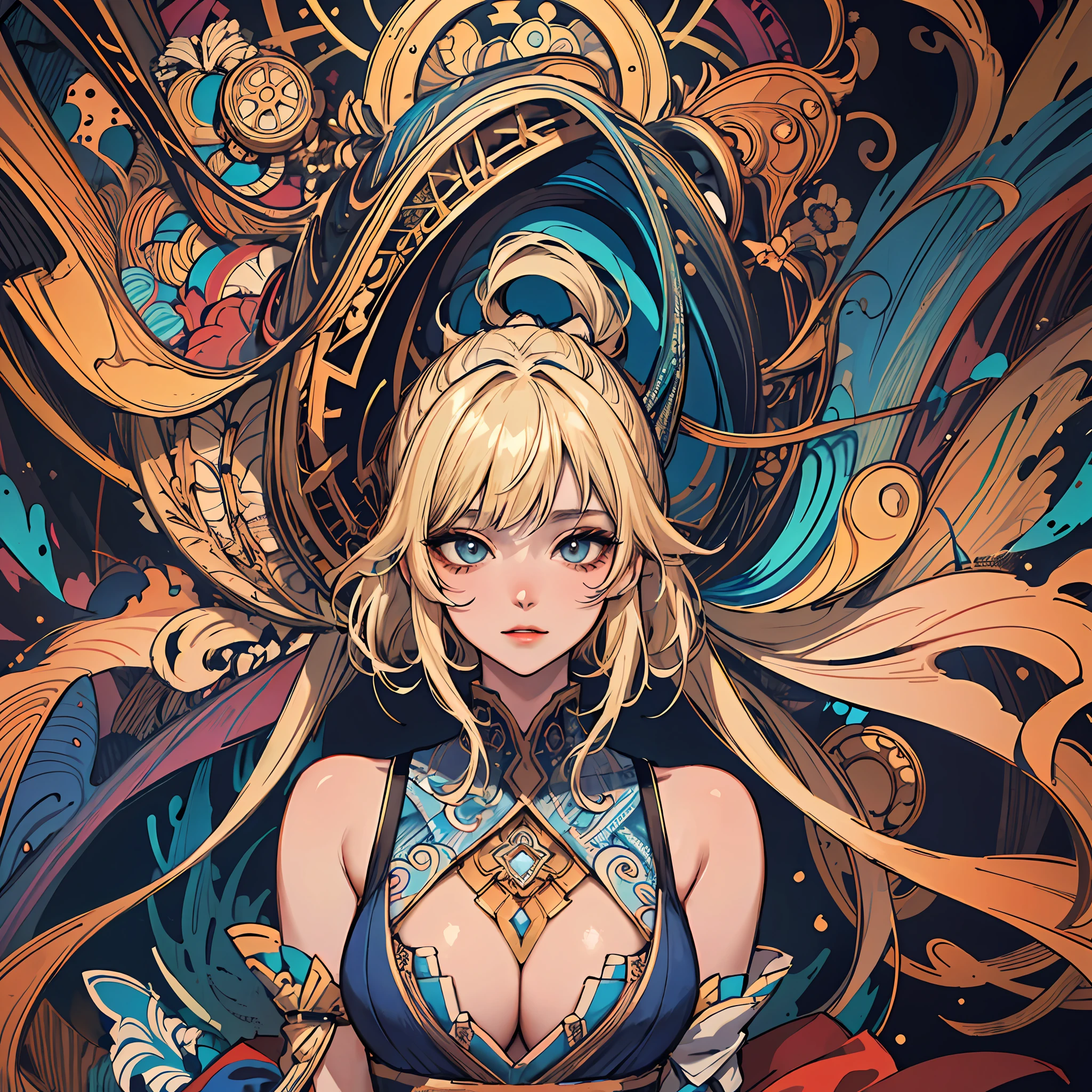 (masterpiece, top quality, best quality, official art, beautiful and aesthetic:1.2), (1girl:1.3), extremely detailed,(fractal art:1.2),colorful,highest detailed,(zentangle:1.2), (dynamic pose), (abstract background:1.5), (treditional dress:1.2), (shiny skin), (many colors:1.4), upper body, masterpiece, best quality,high quality,highres, 16K,RAW,ultra highres,ultra details,finely detail,an extremely delicate and beautiful,extremely detailed,real shadow, anime,highly detailed painted,award winning glamour paintting,wonderful paintting,art style,stylized, Short hair, blonde, big breast, nsfw, hand down,