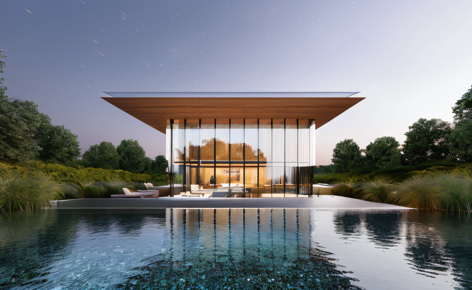 ((masterpiece, best quality)), 8k, modern architecture style, photo realistic, david chipperfield, hyper detailed photo, single box, a digital 3d render of a building, Glass building, leansflare, Water body, Night time