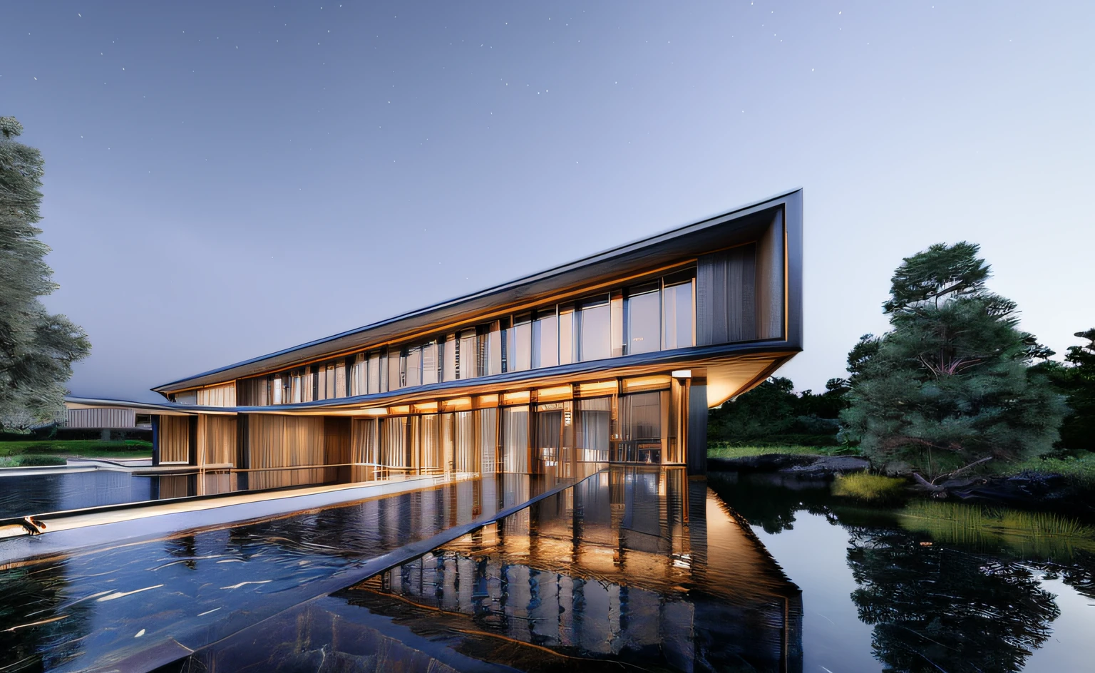 ((masterpiece, best quality)), 8k, modern architecture style, photo realistic, david chipperfield, hyper detailed photo, single box, a digital 3d render of a building, Glass building, leansflare, Water body, Night time