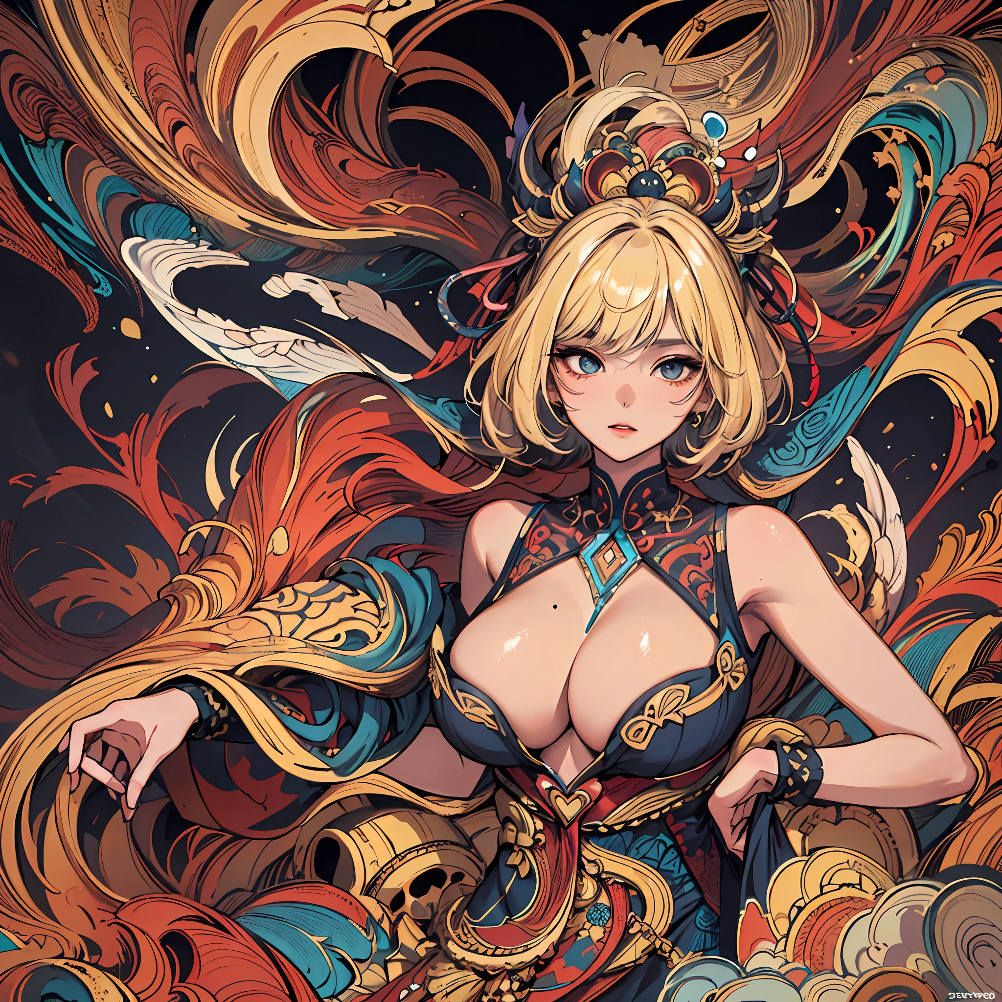 (masterpiece, top quality, best quality, official art, beautiful and aesthetic:1.2), (1girl:1.3), extremely detailed,(fractal art:1.2),colorful,highest detailed,(zentangle:1.2), (dynamic pose), (abstract background:1.5), (treditional dress:1.2), (shiny skin), (many colors:1.4), upper body, masterpiece, best quality,high quality,highres, 16K,RAW,ultra highres,ultra details,finely detail,an extremely delicate and beautiful,extremely detailed,real shadow, anime,highly detailed painted,award winning glamour paintting,wonderful paintting,art style,stylized, Short hair, blonde, big breast, nsfw, hand down,