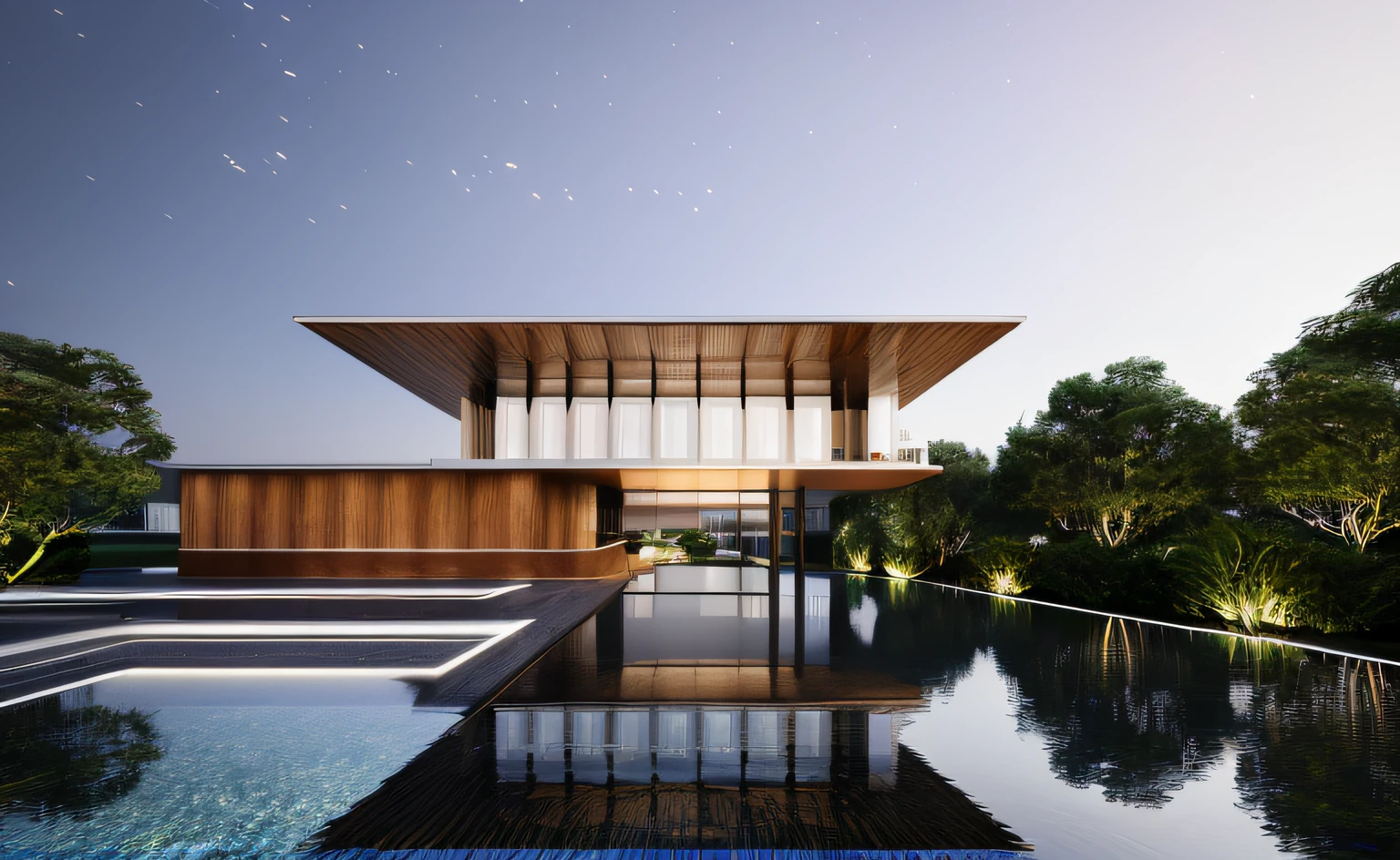 ((masterpiece, best quality)), 8k, modern architecture style, photo realistic, david chipperfield, hyper detailed photo, single box, a digital 3d render of a building, Glass building, leansflare, Water body, Night time