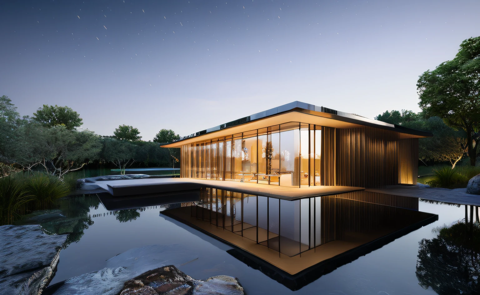 ((masterpiece, best quality)), 8k, modern architecture style, photo realistic, david chipperfield, hyper detailed photo, single box, a digital 3d render of a building, Glass building, leansflare, Water body, Night time