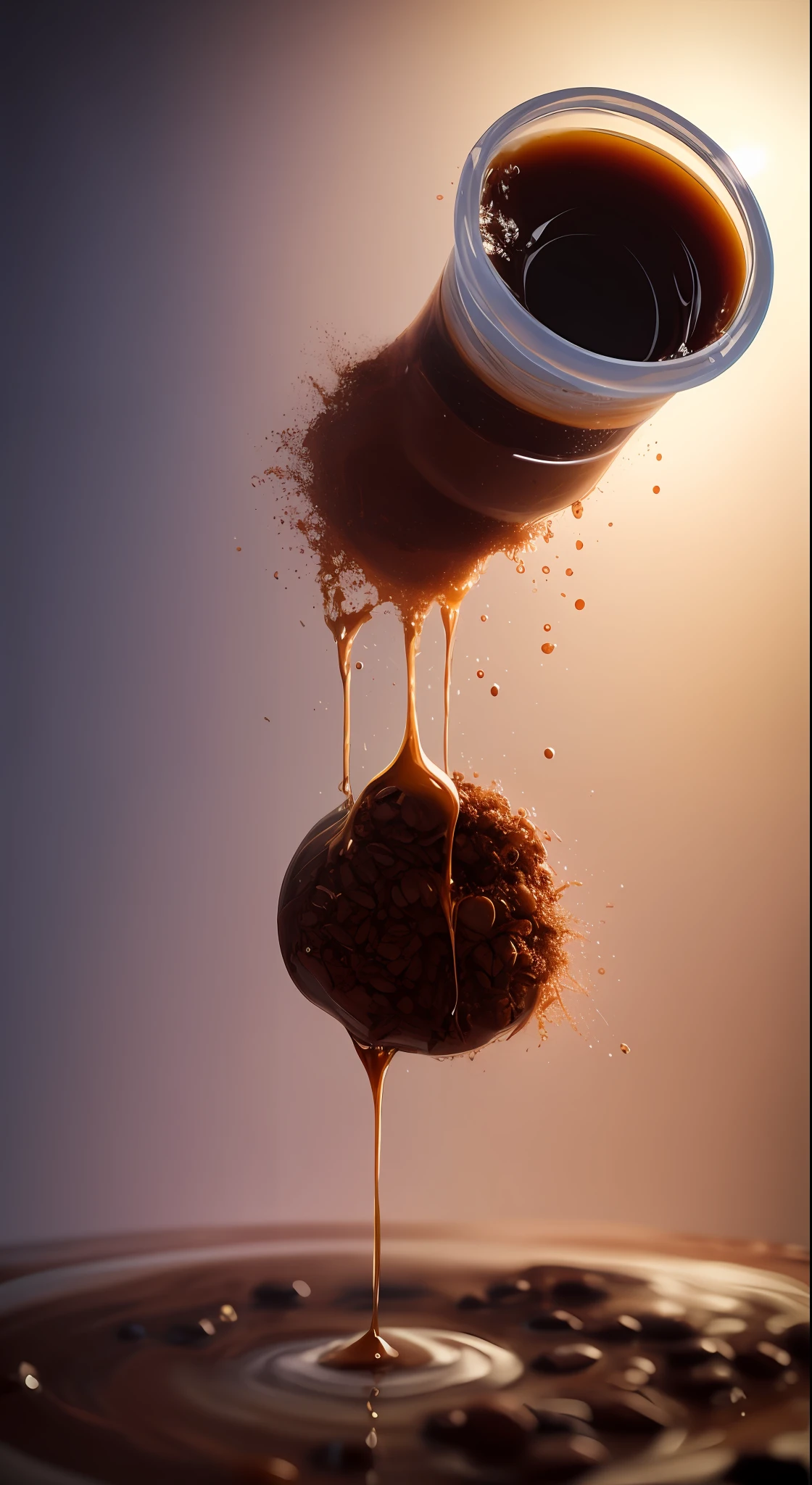 (Liquid splash fluid art:1.2) Gravity-Defying Coffee Pour: Um copo de escuro, chunky coffee suspended in the air, os ricos, steaming liquid spiraling upward on a mesmerizing antigravity screen. The coffee flow turns and dances, um aroma sedutor emana dele. A cena, meticulously crafted using Cinema 4D's fluid simulation at an aperture of f/2.8, ISO 400 e uma velocidade do obturador de 1/60, creates a fascinating juxtaposition of the ordinary and the surreal. The final rendering, aprimorada usando Gamma Correction e Tone Mapping, presents a dreamlike vision of a morning ritual, homenageando os estilos de Alex Roman e Beeple, psicodelic, rainbow colors