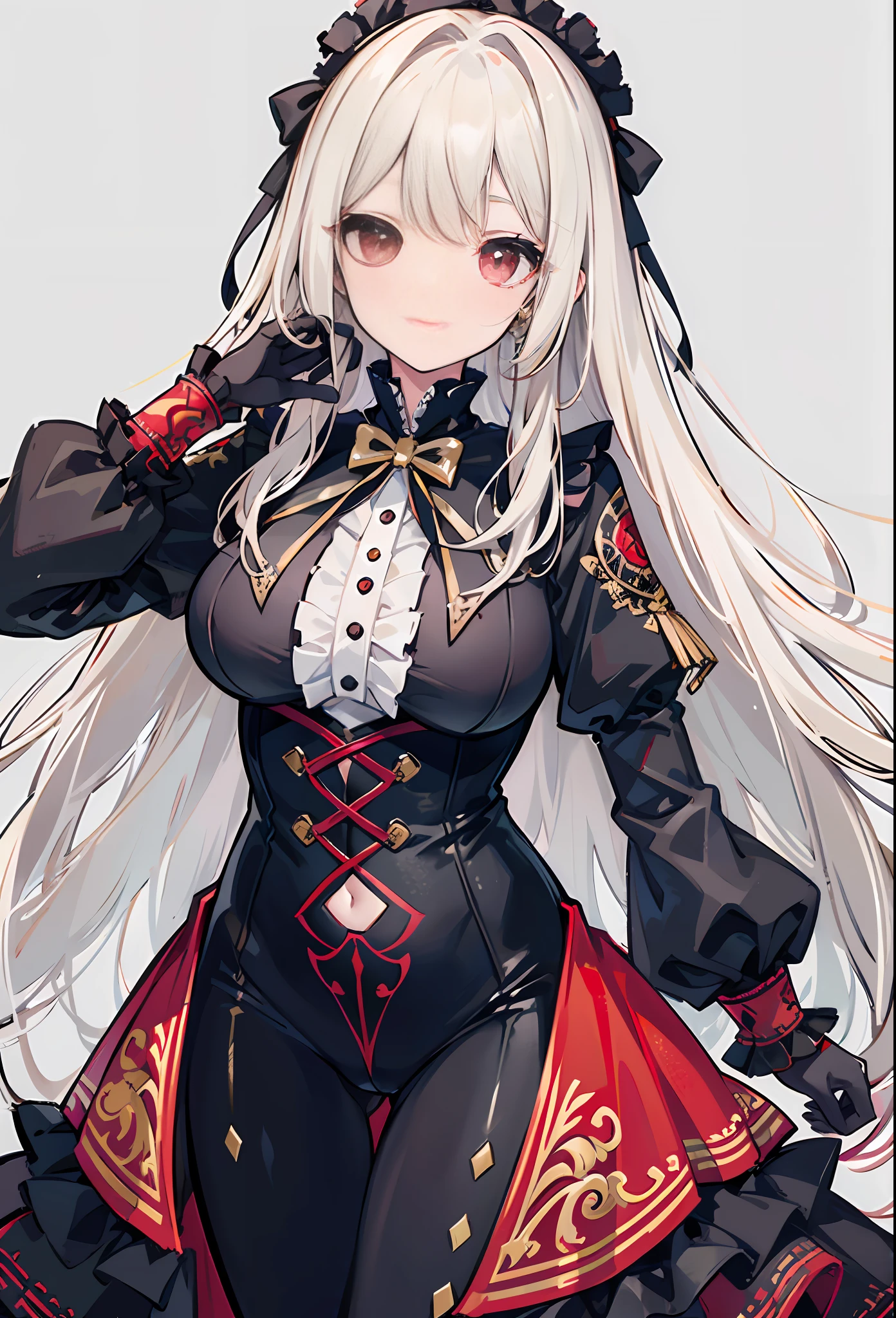 One Girl, Solo, ((Large: 1.4)), ((Hi-Res)), ((Maste Piece)), ((Best Quality)), (Very detailed)), Large_filesize, fully colored, Detailed background, Long white hair, Red eyes, (eyelines), Night, (red frill),(Black spats),(detailed black bodysuit and gothic lolita fashion with gold embroidery)1.1, (body suit, Ruffled decoration, gold line)