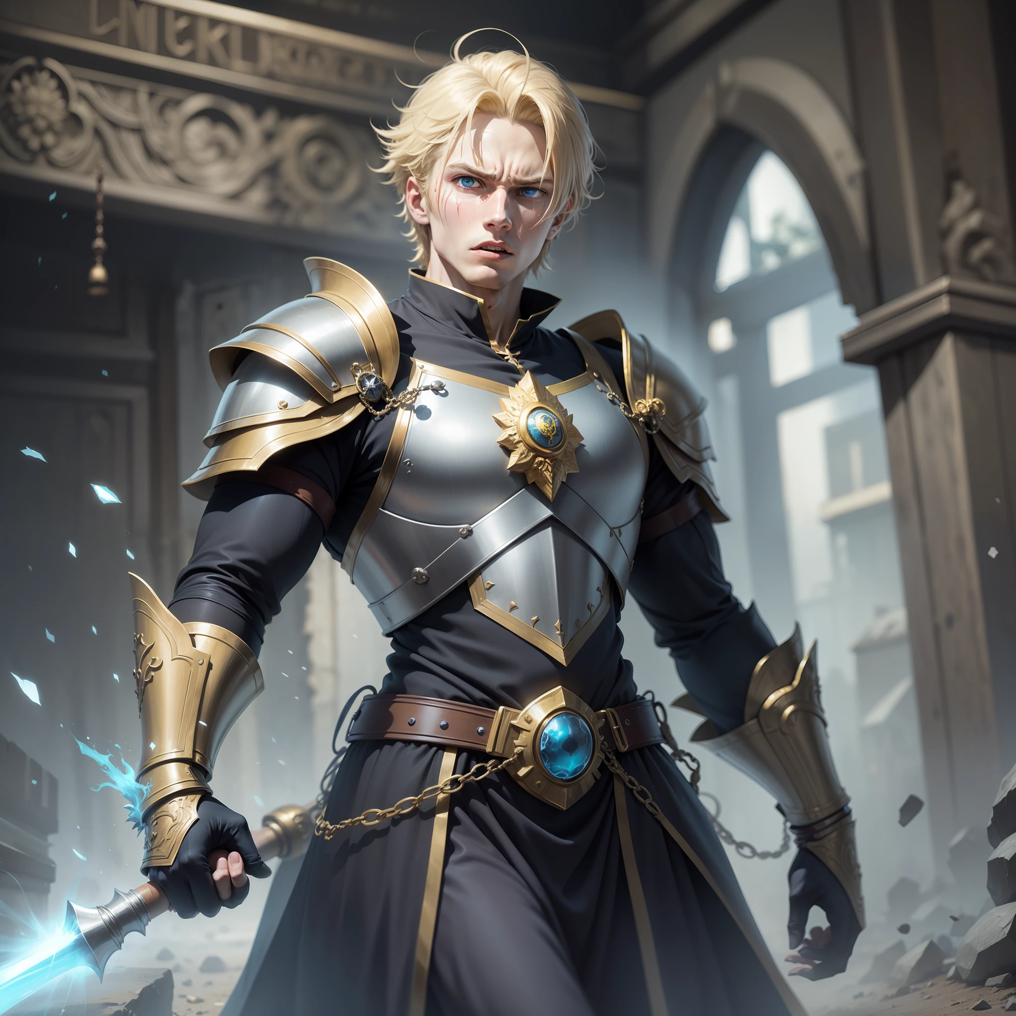 realistic anime-style image of a blond man, short hair, wide blue eyes, tall, strong, dressed in a black cleric costume with golden shoulder pads, rpg warrior, frightened expression, face with beads of sweat, against a dark backdrop of a dark and underground chamber