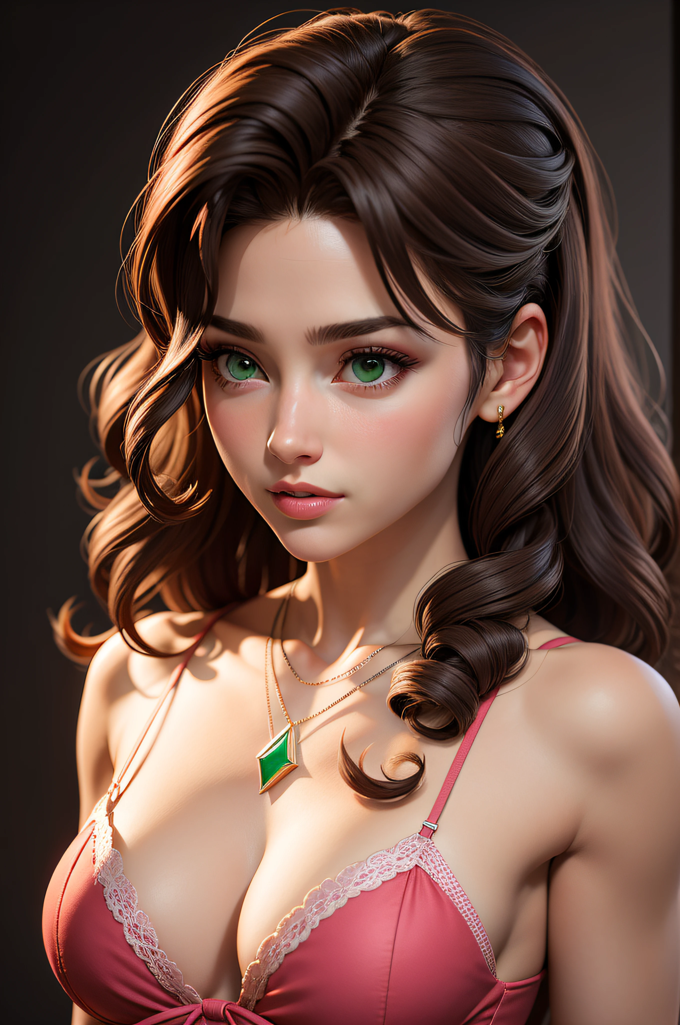 masterpiece, best quality,3d rending work ,3DMM style,close-up,portrait, 3D,1girl, solo, brown hair, string necklace, looking to the side, realistic, upper body, simple background, bangs, looking away, long black hair, parted lips, makeup, long brown curly hair, green eyes, pink lingerie, cleavage, aerith gainsborough, aerith