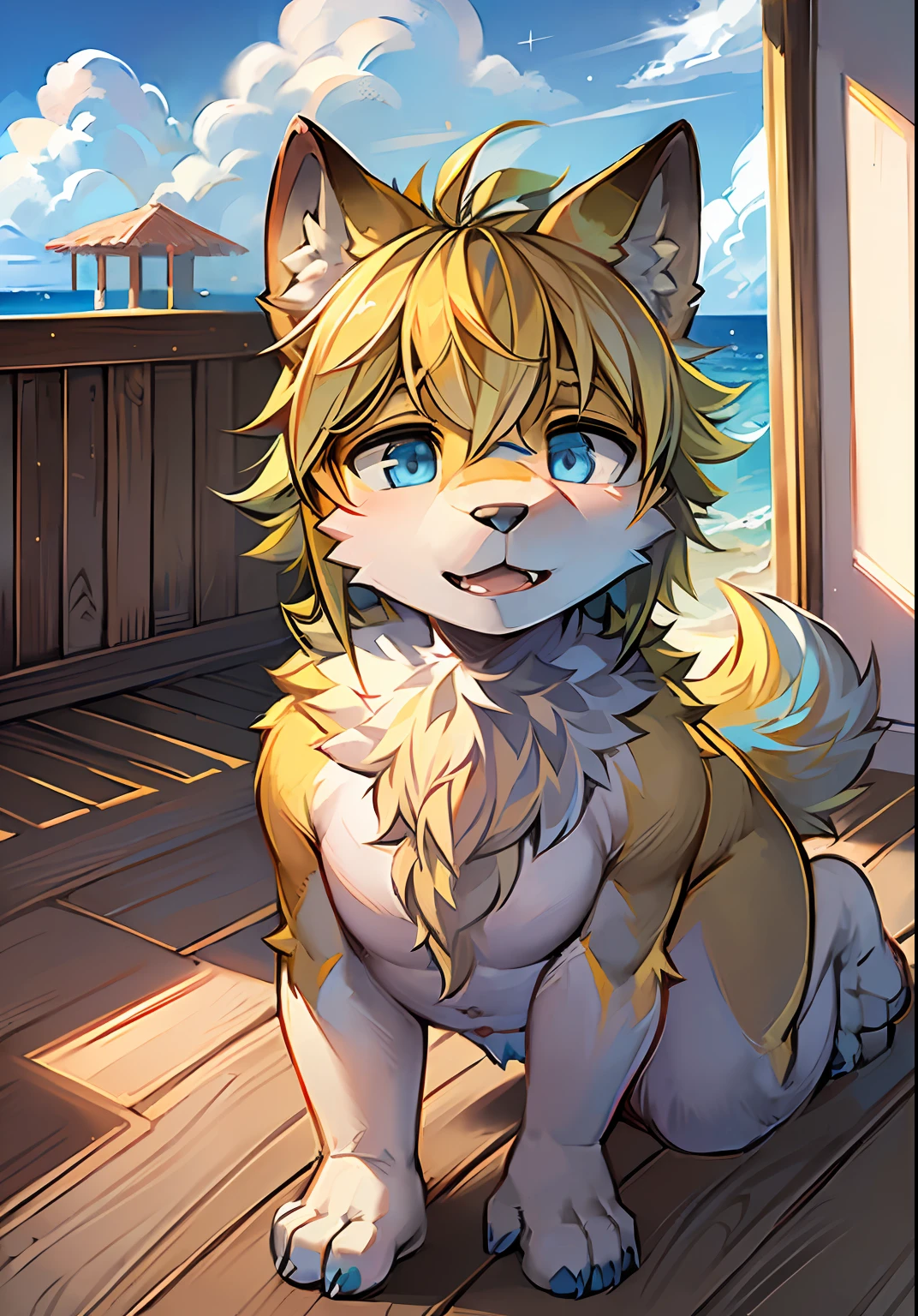eyes with brightness, the panorama, Character focus.(detailedbackground:0.7), 独奏, shaggy, Hairy male, Male focus, anthr,(Full Body Furry, Fluffy tail, Yellow fur, Blue eyes, Yellow hair:1.2), (long canines、、:1.2),(interiors、seaside、Lovely:1.1)