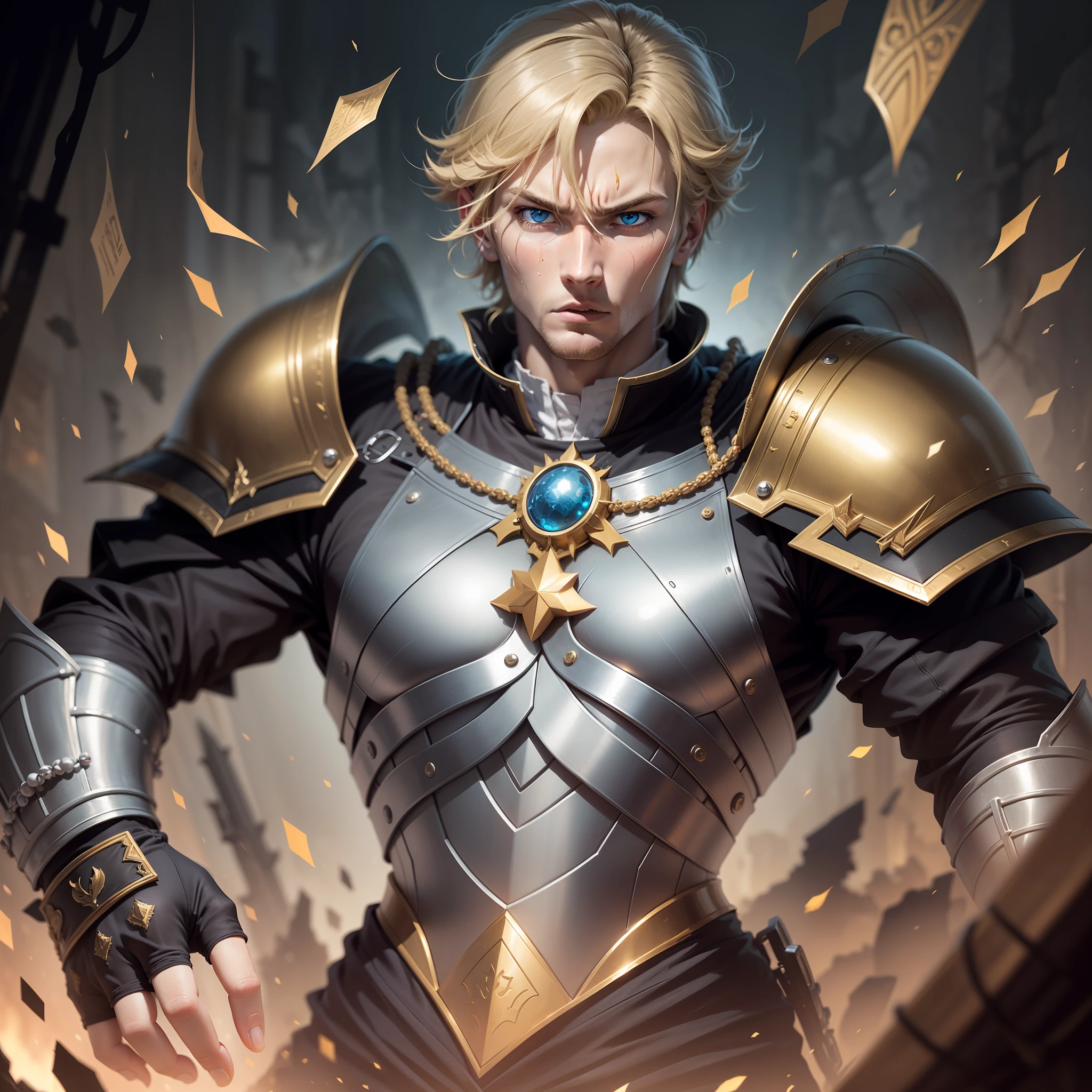 realistic anime-style image of a blond man, 30 years old, short hair, wide blue eyes, tall, strong, dressed in a black cleric costume with golden shoulder pads, rpg warrior, frightened expression, face with beads of sweat, in a dark setting of a dark and underground chamber