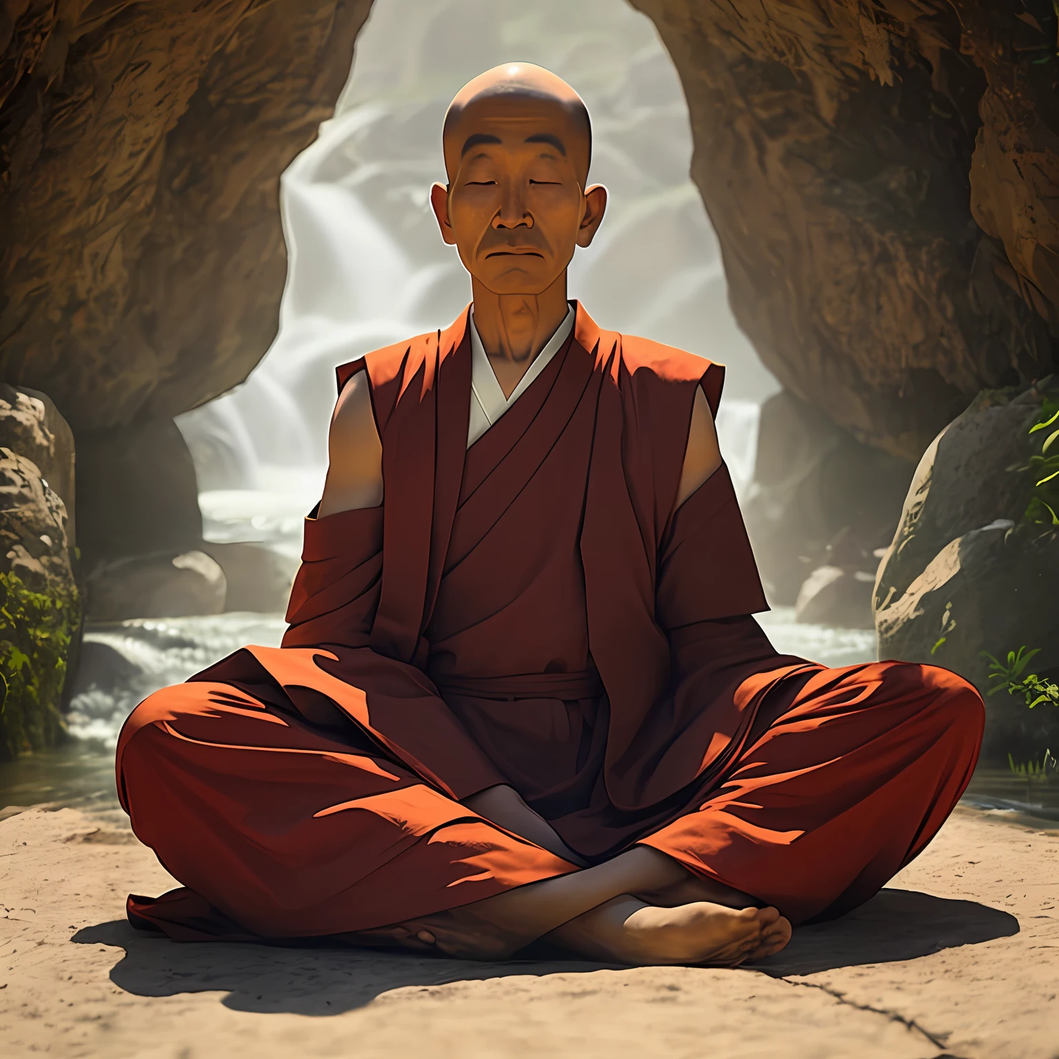 (Very detailed depiction)arafed monk sitting in front of a waterfall in a cave,Soothing breathing in silence,Deep meditation,Scene of Buddhist monks meditating, Quiet,Zen meditation composition formed by wooden stone structure, Very beautiful composition,portrait of monk,ancient japanese monk, The meditation posture is clear and clear,Meditating,Carved meditation pose, full body picture of a male monk, Performed in the cave area by tribal monks of the 2nd and 1st centuries;Mysterious lotus bit meditation,A very mysterious Zen composition, Bring a sense of meditation experience in the Hindu stage。