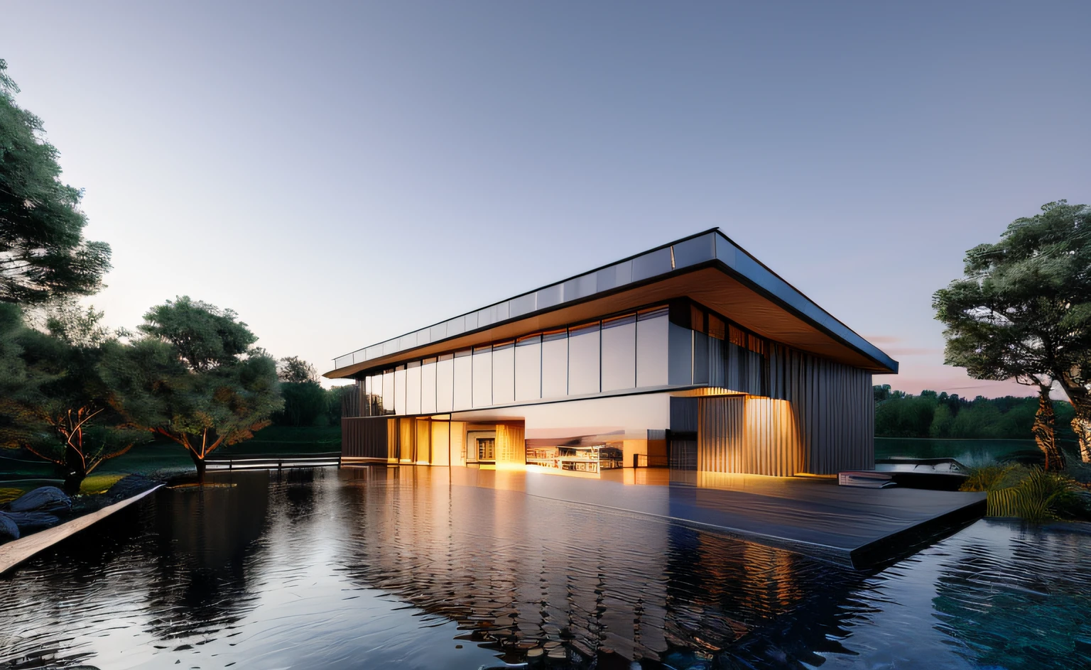 ((masterpiece, best quality)), 8k, modern architecture style, photo realistic, david chipperfield, hyper detailed photo, single box, a digital 3d render of a building, Glass building, leansflare, Water body, Night time