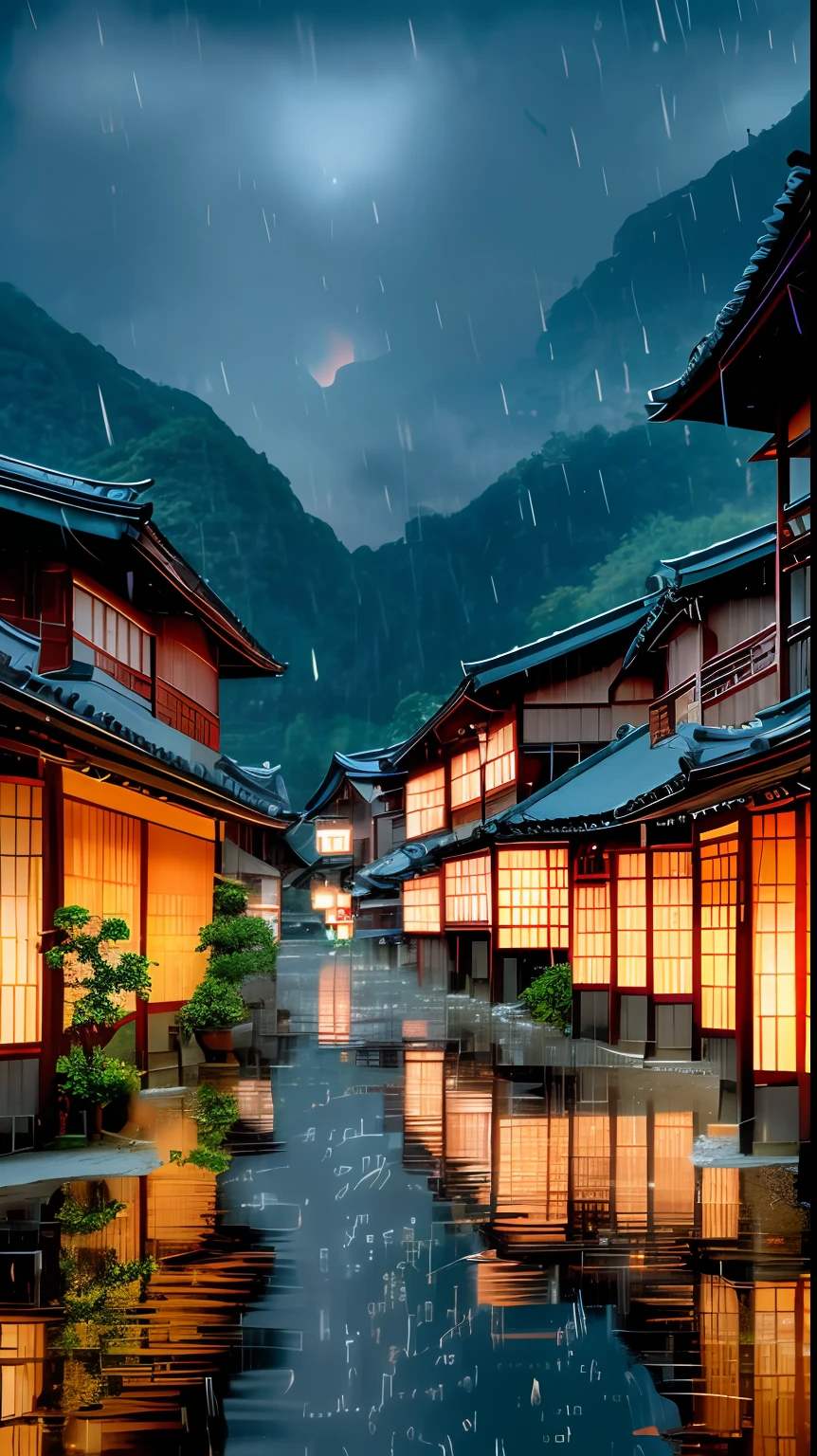 arafed view of a village with a lot of lights on the buildings, dreamy chinese town, chinese village, amazing wallpaper, japanese town, japanese village, hyper realistic photo of a town, old asian village, japanese city, by Raymond Han, rainy evening, cyberpunk chinese ancient castle, beautifully lit buildings, at evening during rain, beautiful and aesthetic, photography, cinematic, 8k, high detailed ((Heavy rain))) --auto