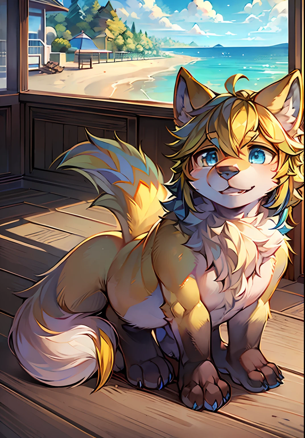 eyes with brightness, the panorama, Character focus.(detailedbackground:0.7), 独奏, shaggy, Hairy male, Male focus, anthr,(Full Body Furry, Fluffy tail, Yellow fur, Blue eyes, Yellow hair:1.2), (long canines、、：1.2），（interiors、seaside、Lovely：1.1）