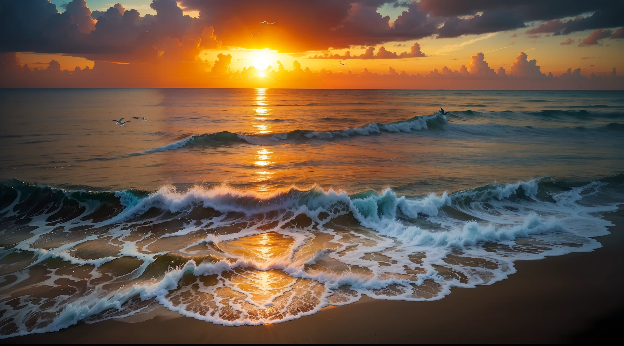 An absolutely mesmerizing sunset over the beach, with a blend of oranges, pinks, and yellows filling the sky. Crystal-clear waters of the sea gently kissing the shore, with sandy white beach stretching far and wide. The scene is dynamic and breathtaking, with seagulls soaring high in the sky and gently swaying palm trees. Take in the calming atmosphere and let the peacefulness wash over you.