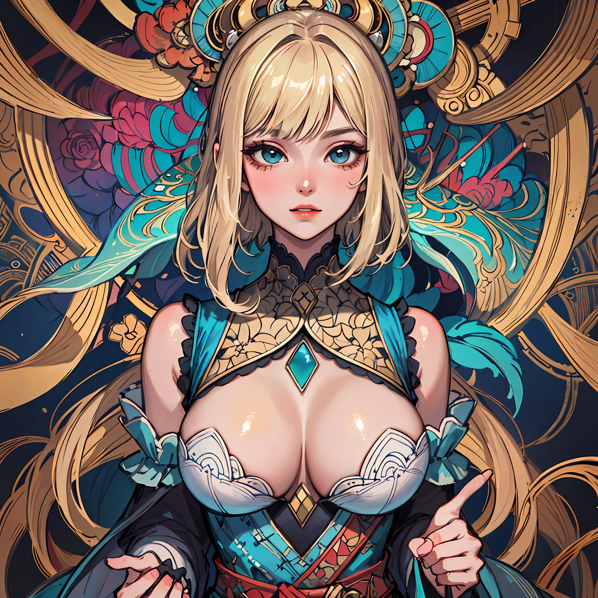 (masterpiece, top quality, best quality, official art, beautiful and aesthetic:1.2), (1girl:1.3), extremely detailed,(fractal art:1.2),colorful,highest detailed,(zentangle:1.2), (dynamic pose), (abstract background:1.5), (stained glass backround) (treditional dress:1.2), (shiny skin), (many colors:1.4), upper body, masterpiece, best quality,high quality,highres, 16K,RAW,ultra highres,ultra details,finely detail,an extremely delicate and beautiful,extremely detailed,real shadow, anime,highly detailed painted,award winning glamour paintting,wonderful paintting,art style,stylized, Short hair, blonde, big breast, nsfw, hide hand, upper body, closeup, rose backround