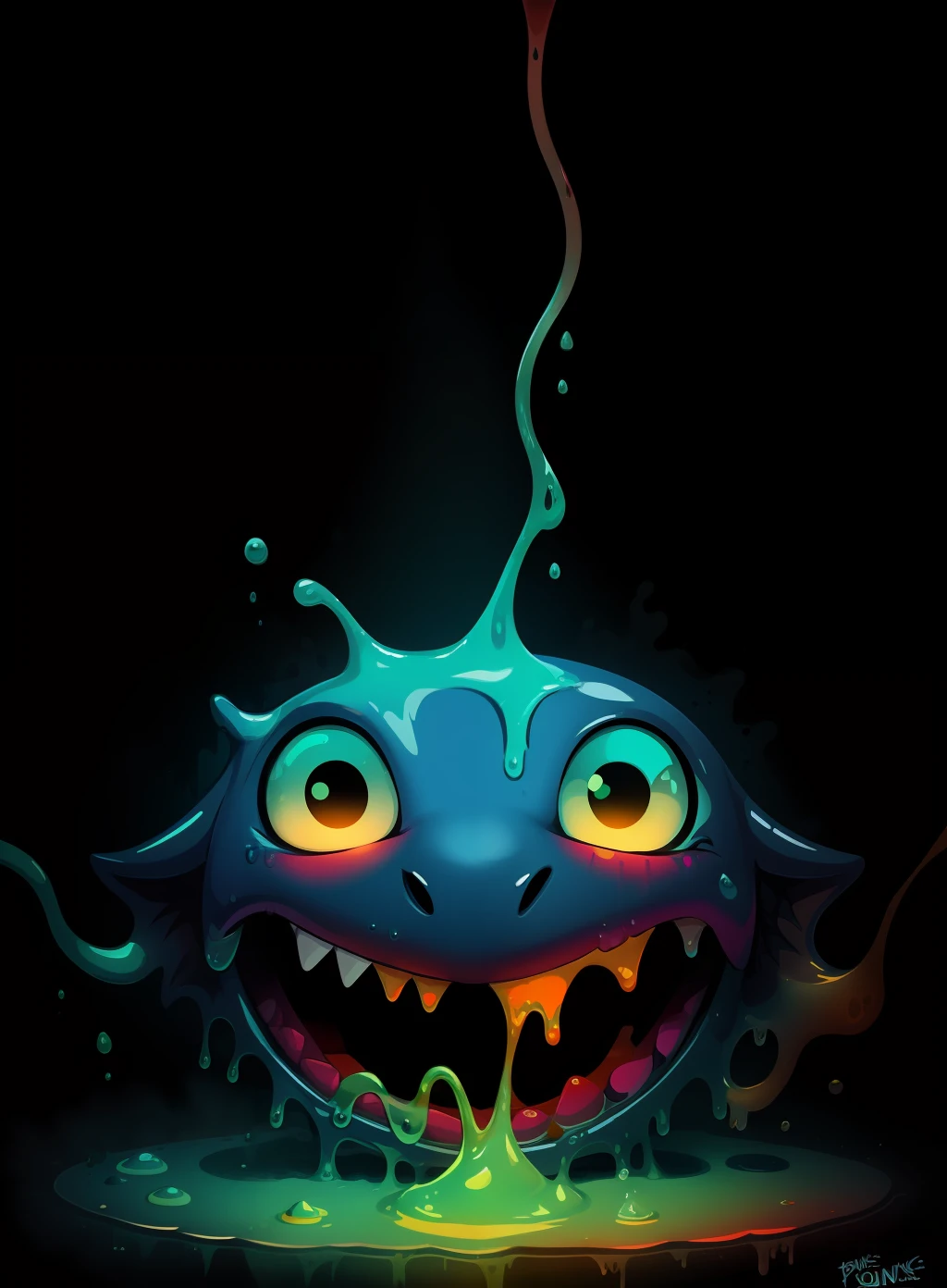 **a simple cartoon drawing of a monster face with slime dripping from the lower half using bold lines and bright neon colors. sunken in eyes and tongue hanging out of its mouth**