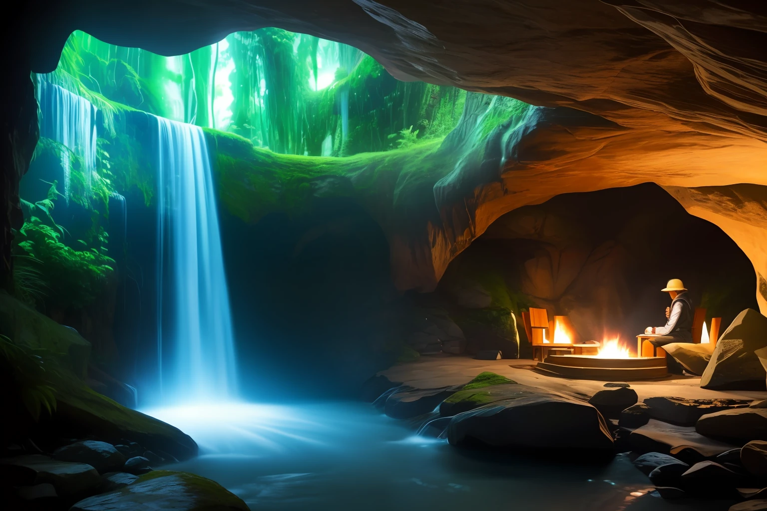 The Ferutrix dressing room is inside a dimly lit cave with uniquely green lights and small waterfalls, com suas paredes de pedra e vigas de madeira escura. A luz verde cria um ambiente misterioso e envolvente, while the polished wooden cabinets, cada um com o nome de uma guerreira, Patiently await the next mission.