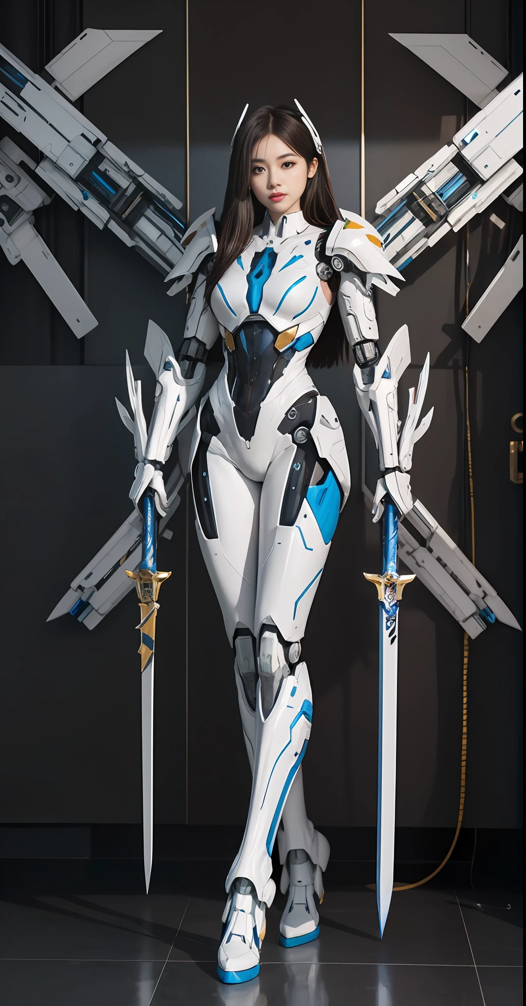 arafed woman in a futuristic suit holding a sword and a sword, girl in mecha cyber armor, of a beautiful female warframe, symetry! futuristic robotic, Mechanized Valkyrie girl, in white futuristic armor, porcelain cyborg armor, anime robotic mixed with organic, female mecha, glossy white armor, cyborg goddess in cosmos, broken beautiful female android!, porcelain cyborg