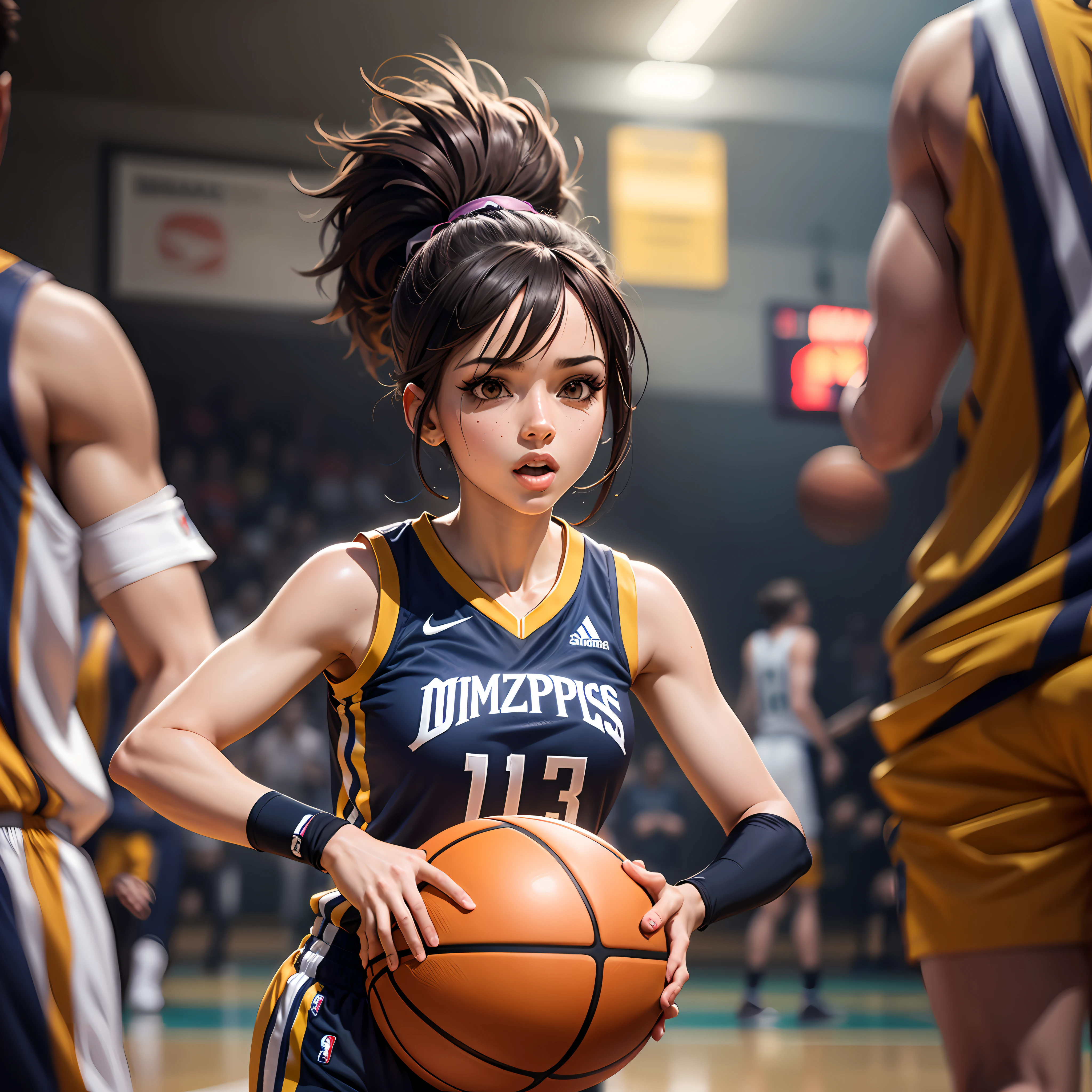 anime garota basquete com uniforme dos Memphis grizzlies, numa quadra de basquete, corpo inteiro cabelo preto curto, with a basketball in hand, de olhos vermelhos --auto