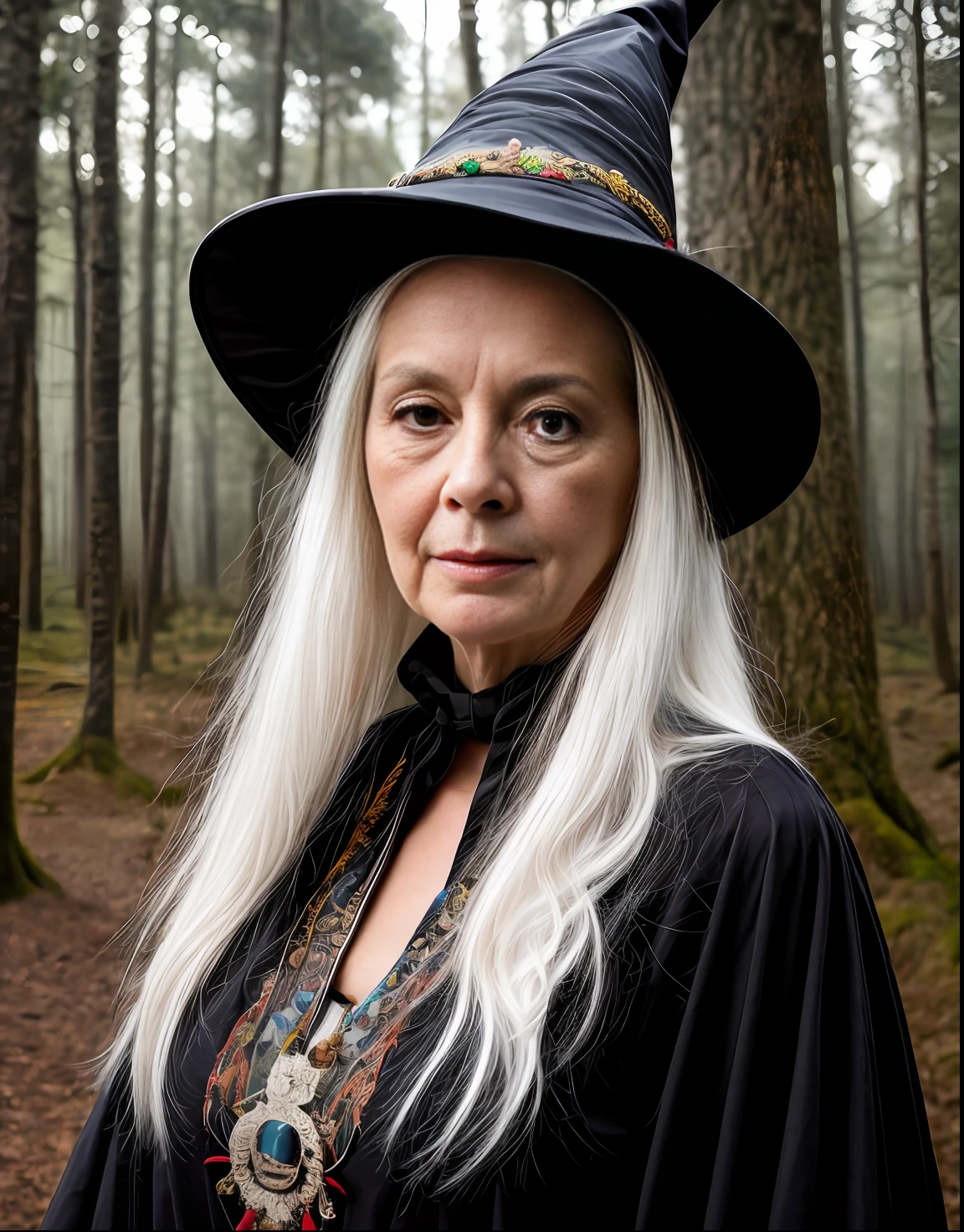 Immerse yourself in the colourful closeup world of a long white haired ((aged elderly)) white witch woman with a felt hat witch, 1woman, super cute spider with big bright eyes, digital painting, dreamlike, intricate details, sharp focus, trending on artstation, magical fairies in a dreamlike forest, Photographed by David bailey using Hasselblad’s flagship mirrorless medium format camera X2D 100C. 1000mps ,bold vibrant colours
