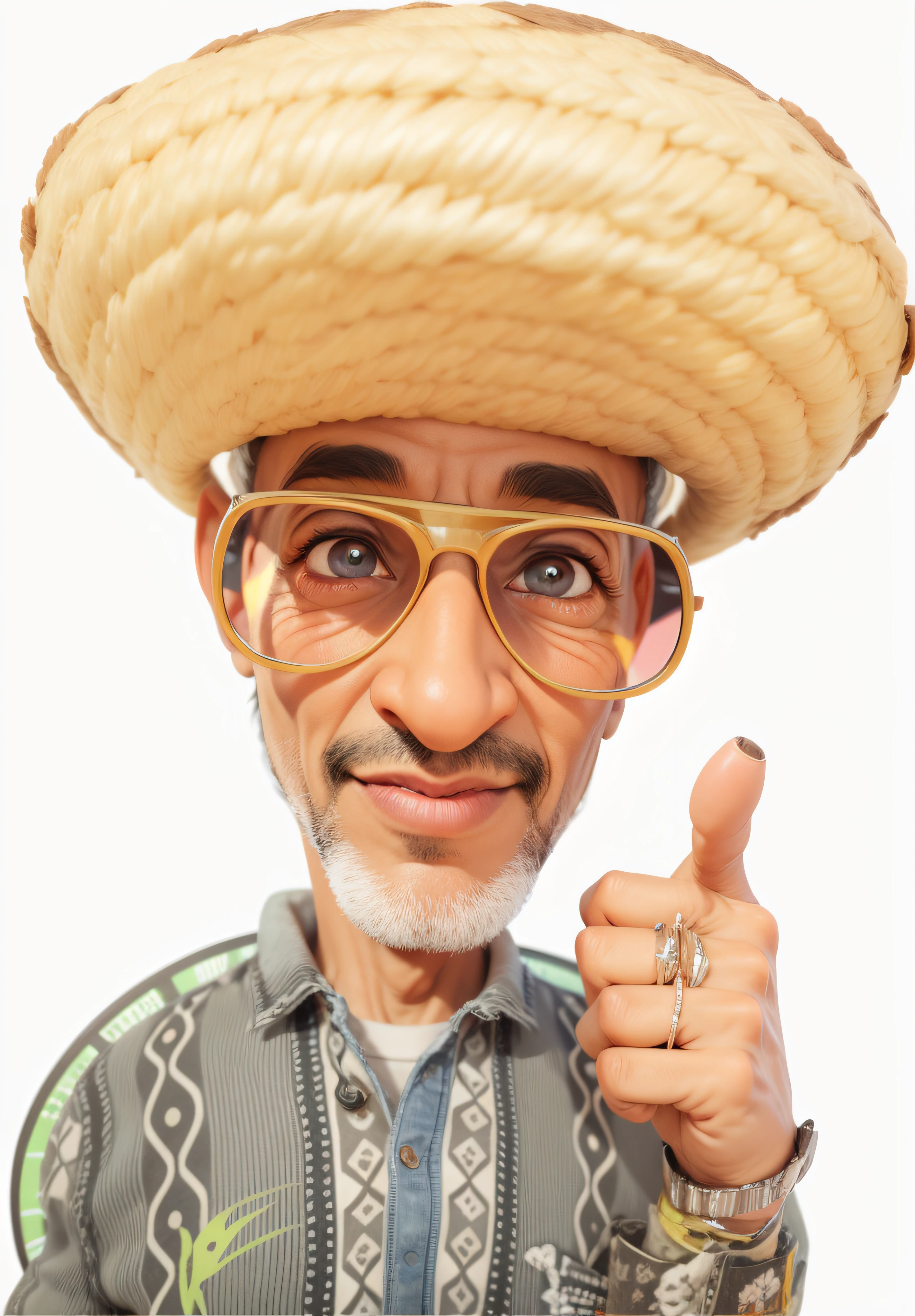 pele morena, [[pardo]] olhos castanhos, sun glasses, Senhor de 65 anos, caricatura, 3D 4K