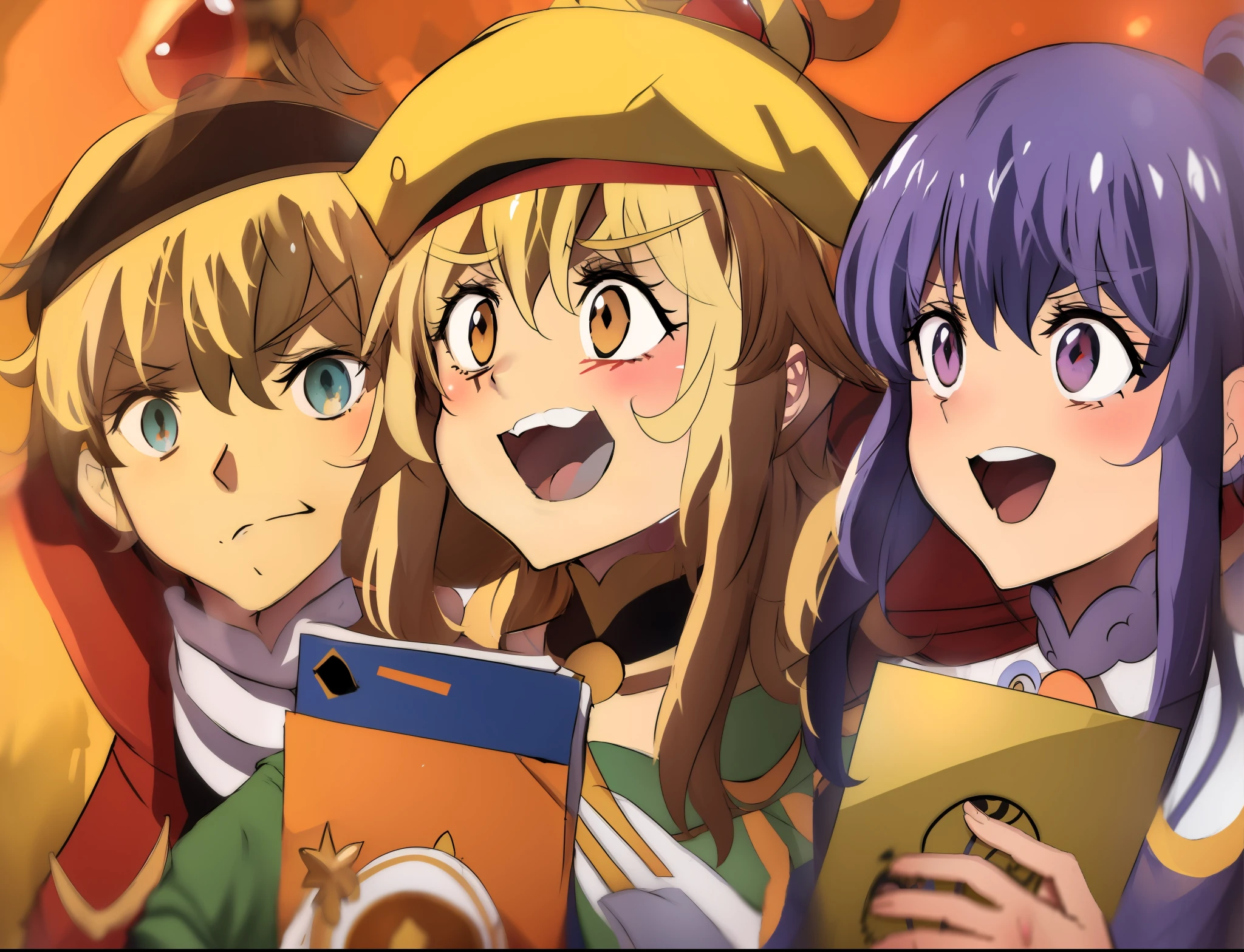 "Personagem de 'Konosuba', uma garota usando uma blusa do grupo de aventureiros, cabelos vibrantes. Sentada em uma almofada, ela segura um celular com capa decorada do anime. Comendo um lanche, Records an animated video. sorriso brilhante, olhos vivazes. Ao fundo, 'Konosuba' character posters complete the scene of joy and fun."