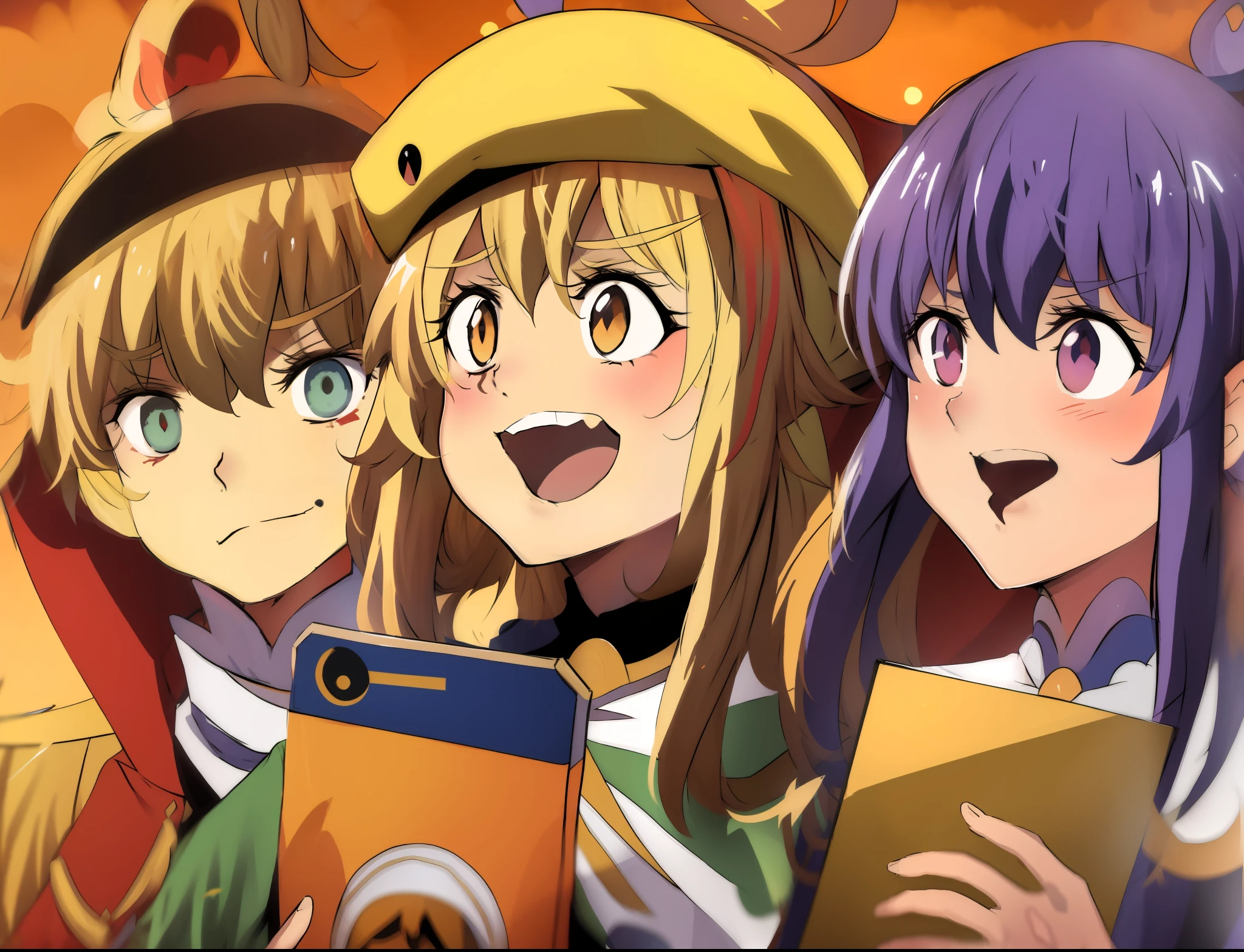 "Personagem de 'Konosuba', uma garota usando uma blusa do grupo de aventureiros, cabelos vibrantes. Sentada em uma almofada, ela segura um celular com capa decorada do anime. Comendo um lanche, Records an animated video. sorriso brilhante, olhos vivazes. Ao fundo, 'Konosuba' character posters complete the scene of joy and fun."