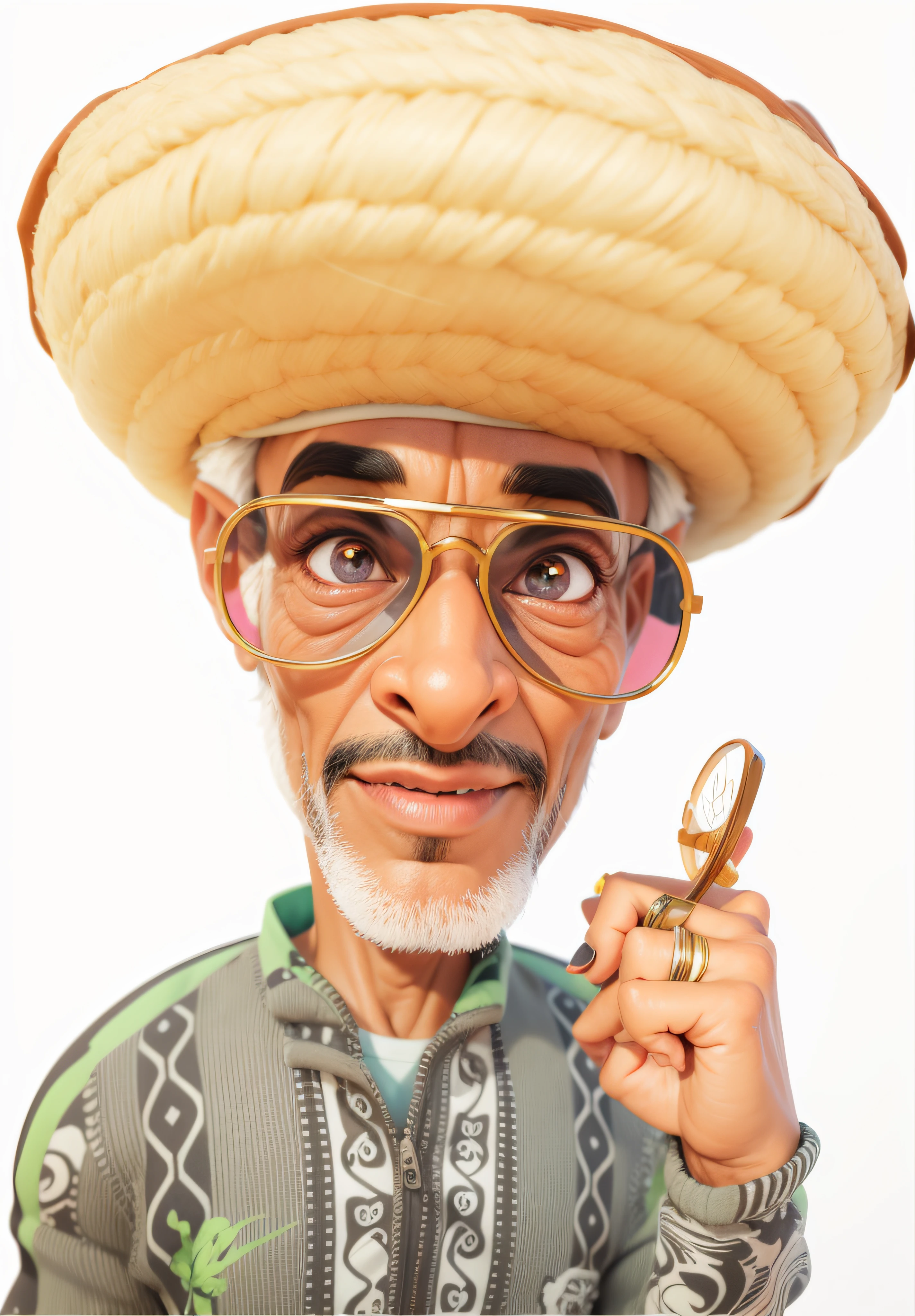 pele morena, [[pardo]] olhos castanhos, sun glasses, Senhor de 65 anos, caricatura, 3D 4K