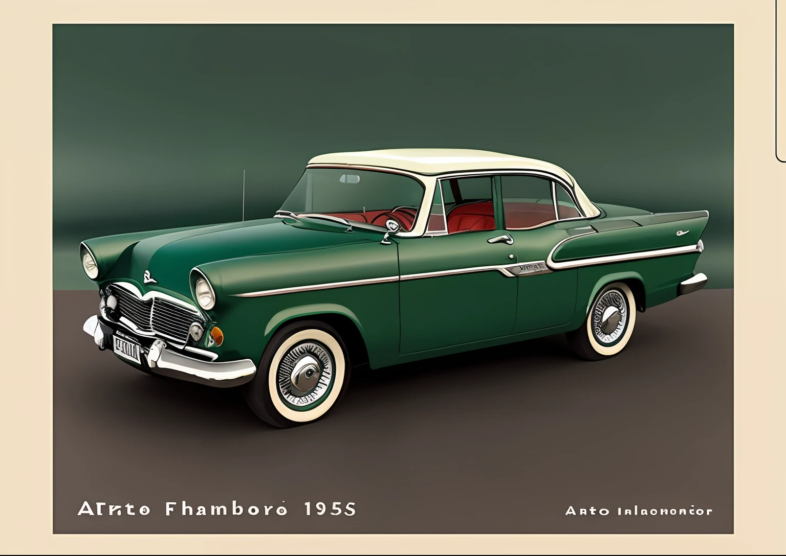 um close up de um carro verde e branco em um fundo preto, CGI antigo 3 d renderizado Bryce 3 d, Art Deco dos anos 1950, 1956, 1 9 5 6, 1958, 1 9 5 8, 1 9 5 4, 1954, classic car, 1 9 5 0 s arte conceitual