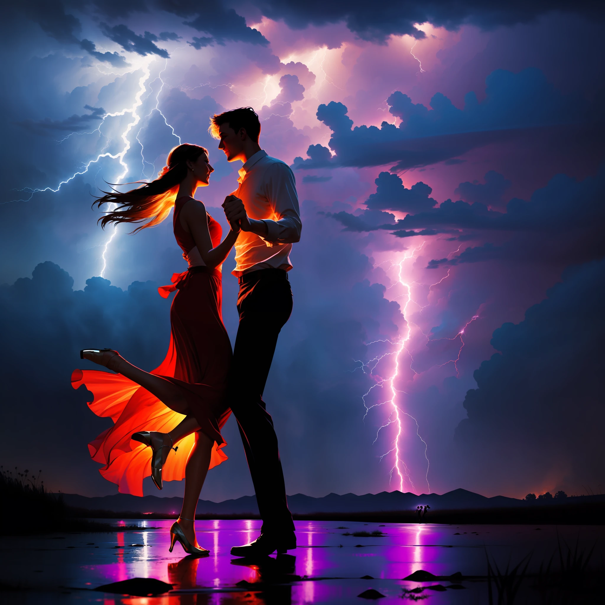 Couple dancing in a lightning storm, soft lighting, concept art