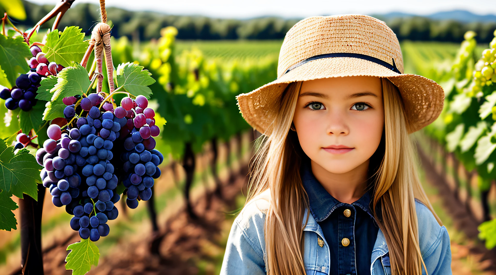 a girl BLONDE CHILD WITH LONG STRAIGHT HAIR AND FARMER'S HAT, PORTRAIT, CLOSE UP, there are many black grapes hanging from a vine in a vineyard, grapes, wine, translucent grapes, yellow and black grapes, translucent grapes closeup, grape, 1/30, elaborate composition, thick and dense vines, best-selling, vineyard, high-quality product image", by Karl Völker, adult, f 2 0, harvest, award-winning masterpiece
