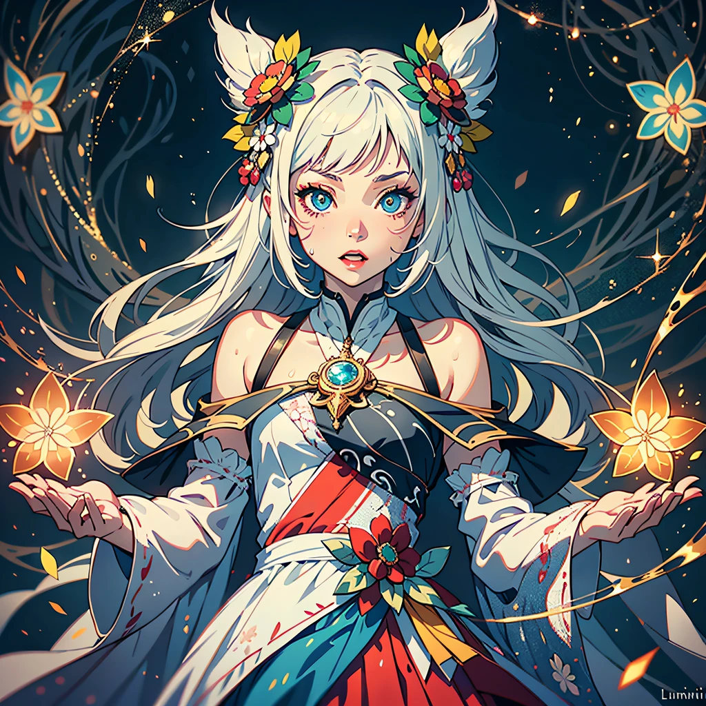 intense white light background, sparks way above head, a full length distant shot, (hyper ultra mega short chibi height adult person), a joyful pale Spunky Zesty Sprightly Caucasian women, fractal illustrated details, luminism, global ilumination, mischievous, hyperdetailed, onmyoji, cloths massively soaked in a sparking fairy dust and diamonds, art by Ilya Kuvshinov, full length body shot, bioluminescence, ultra pale skin, warm colors, intricate details, volumetric, DOF, a glaring eyes, a very intricate pupils, octane render, a ruby glaring lips makeup, detailed face, luminism, art Agnes Cecile , art by Muxxi, art by Albert Bierstadt, art by Takashi Murakami, ultra bright lighting setting, intense white glow, intense white bloom, intense white light background