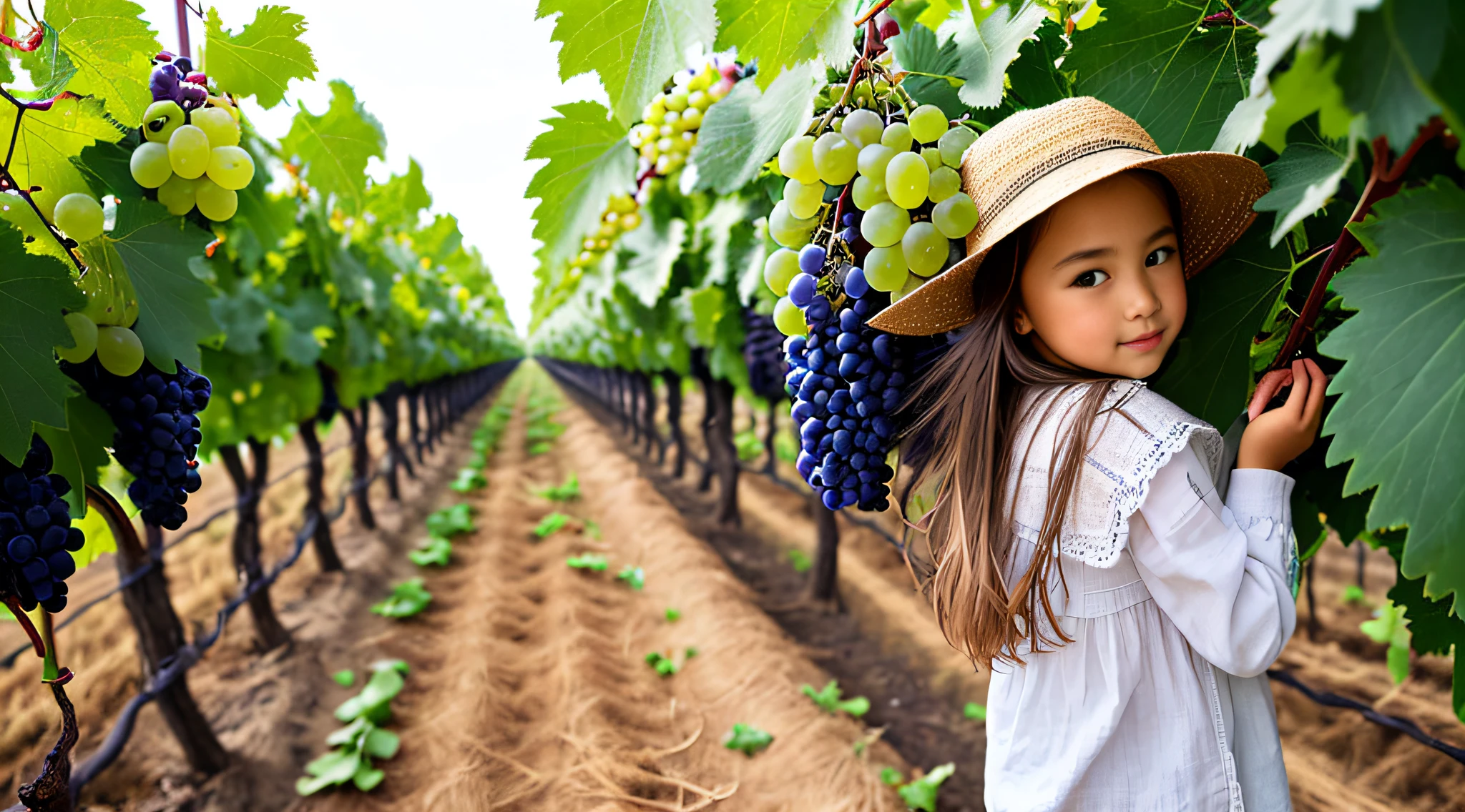 a girl BLONDE CHILD WITH LONG STRAIGHT HAIR AND FARMER'S HAT, PORTRAIT, CLOSE UP, there are many black grapes hanging from a vine in a vineyard, grapes, wine, translucent grapes, yellow and black grapes, translucent grapes closeup, grape, 1/30, elaborate composition, thick and dense vines, best-selling, vineyard, high-quality product image", by Karl Völker, adult, f 2 0, harvest, award-winning masterpiece