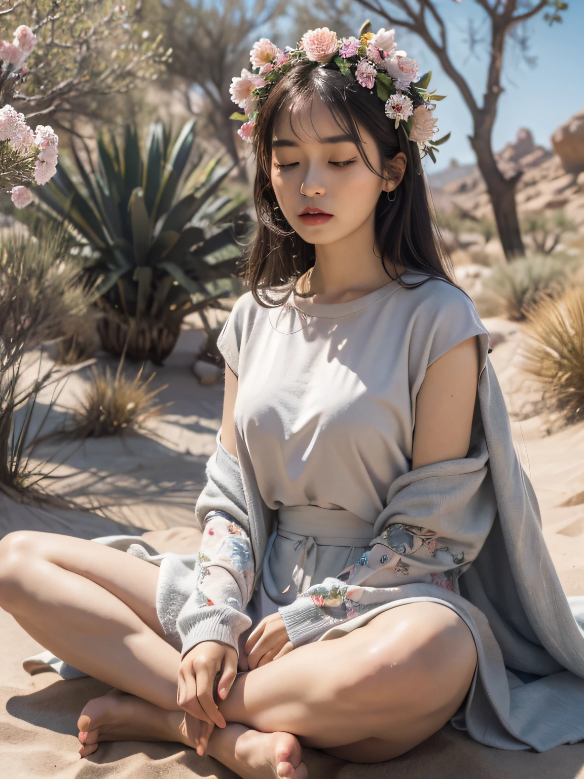 Jedi Meditation, Serenity Photos, 1 Girl, Jedi Master in Deep Meditation, Sitting Cross-legged, Hands Folded, Eyes Closed, (Desert Oasis: 1.1), Surrounded by Blooming Desert Flowers, Harmony with the Force, Spiritual Retreat, Transcendent Serenity, Desert Enlightenment, Absurdres, HDR, Ultra-Detailed Illustration, Extremely Detailed Face, RAW Photo, Film Particles, Skin Pores, Trends on Deviantart