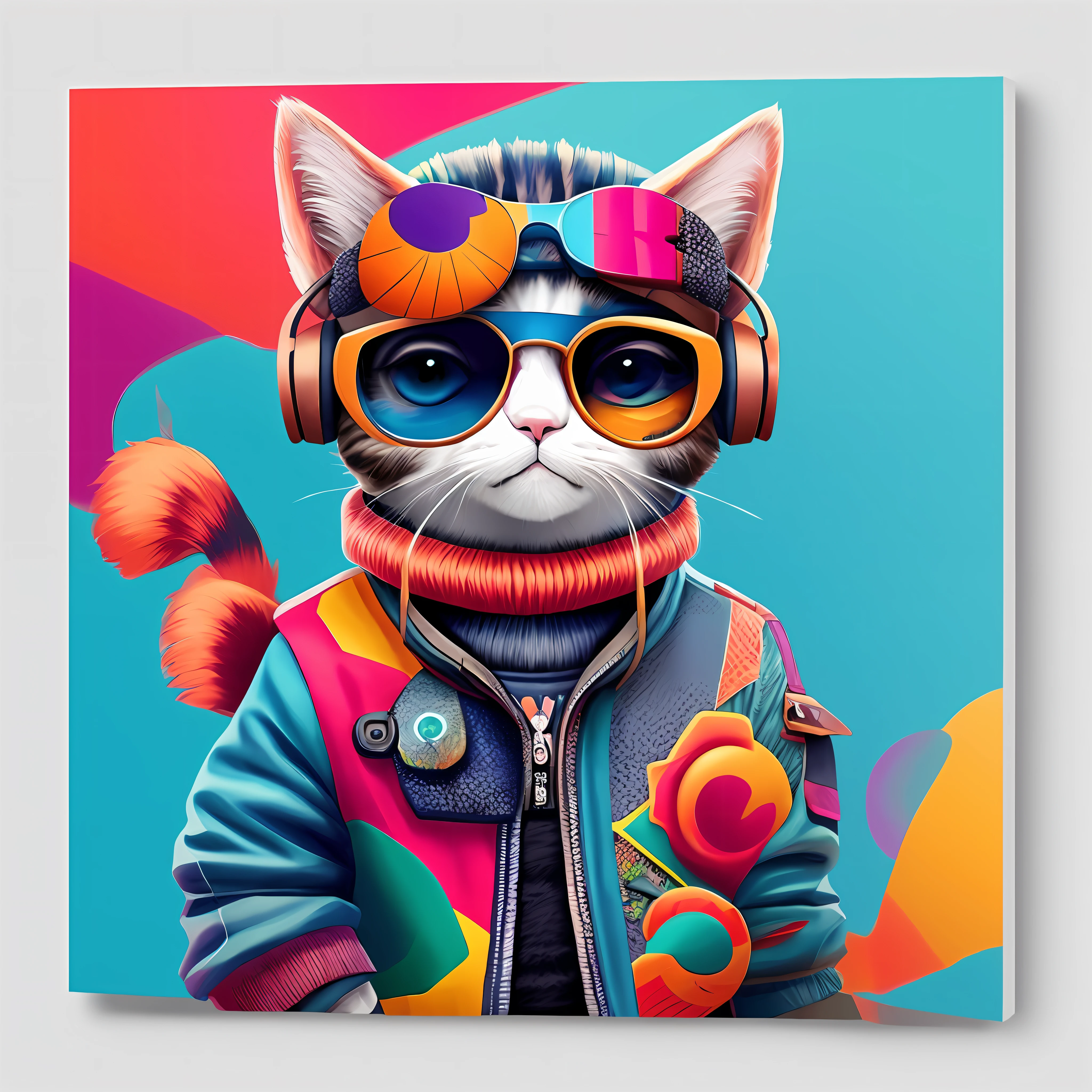 um close up de um gato usando uma jaqueta e fones de ouvido, gato cyberpunk, extremely high quality artwork, Beeple e Jeremias Ketner, Retrato de uma Lisa Frank, gato espacial, in digital illustration style, artista peludo, vibrant fan art, pintura digital colorida, gato astronauta, super colorido, design do gato, estilo de arte vetorial, hiper colorido, extremamente colorido