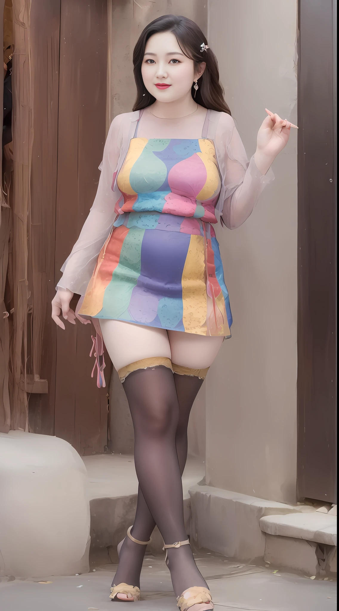 Chubby sexy long-haired beauty,Rainbow color suspenders+A short skirt,Full body photo,Flesh-colored lace stockings,red heels,A short skirt,Street photography goddess,No violation,guard,Clothing is not revealing,