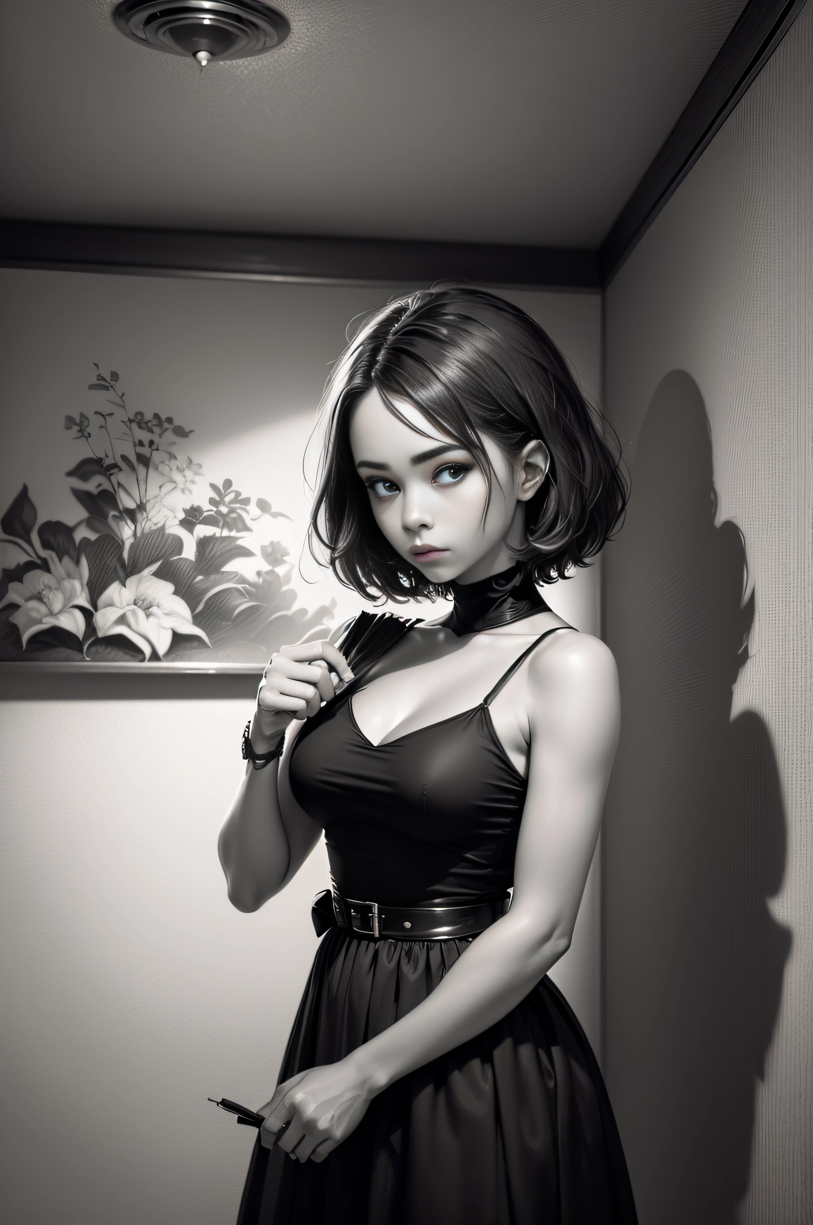 (plano de fundo da cidade, original,(illustration:1.2 preto e branco),(melhor qualidade), (obra-prima:1.2), (unidade de papel de parede 8k extremamente detalhado, imagem em preto e branco, made in graphite pencils HB, (panorama shot:1.4) , (respingos),((GRAFITE)), sharp foc, 1 standing girl with short hair, parte superior do corpo, de coturno militar, cena de medo, interior de uma sala de aula --auto