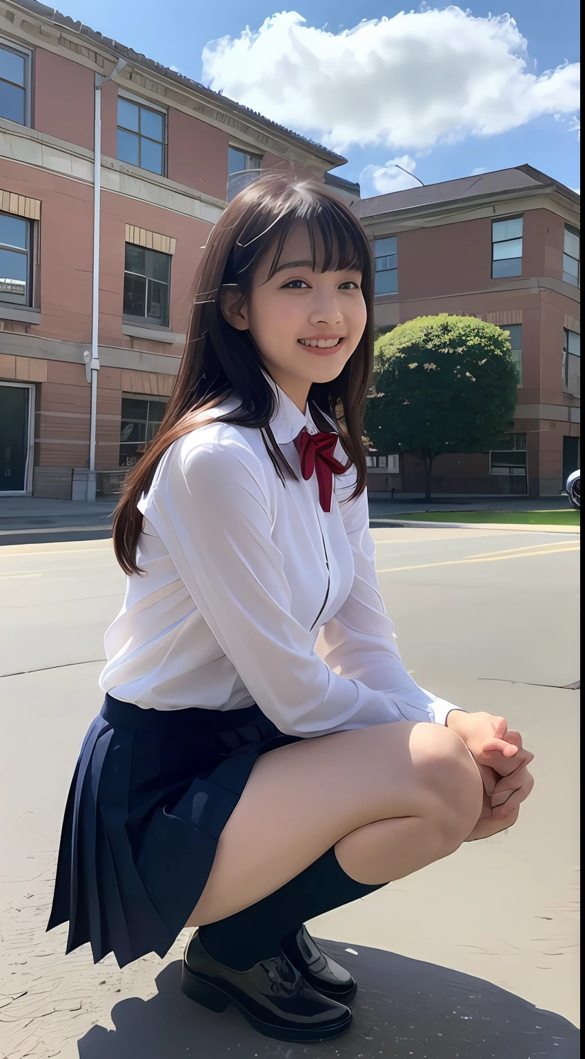 Highly detailed 8k wallpaper), sharp focus, detailed, dramatic, delicate and beautiful schoolgirl, sheer white shirt, navy blue ribbon collar, dark blue pleated micro mini, pink lingerie, sexy, smile, peeking at the viewer, beautiful graphics, bright school building with strong sunlight, showing the whole body, sitting, squatting, plump panties, white socks,